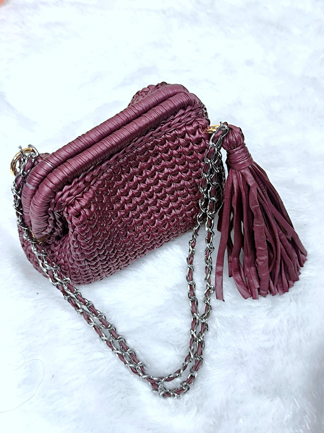 Deep Merlot Leather Yarn Crochet Clutch with Chain Sling and Tassel