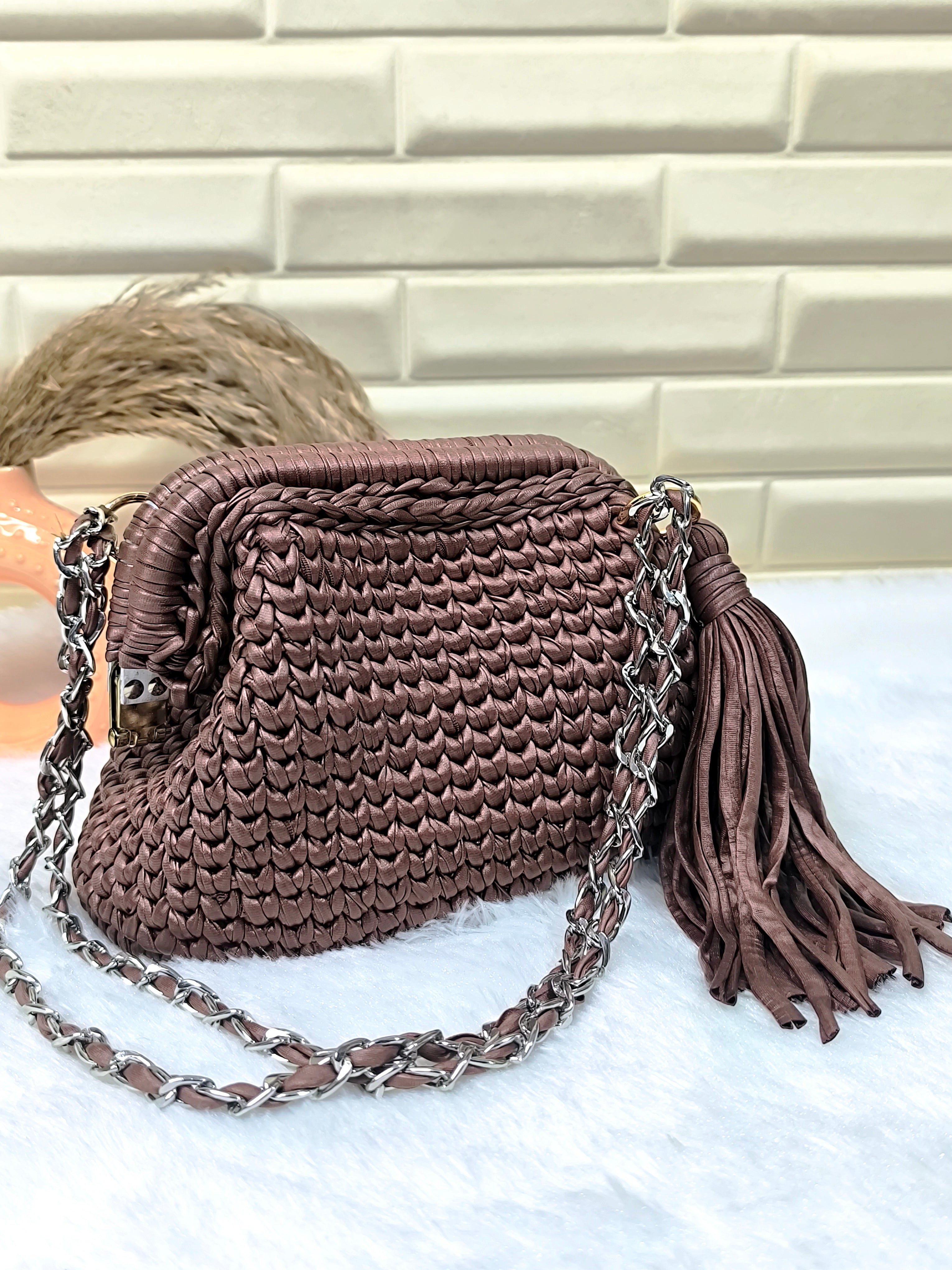 Toffee Glaze Leather Yarn Crochet Clutch with Chain Sling and Tassel