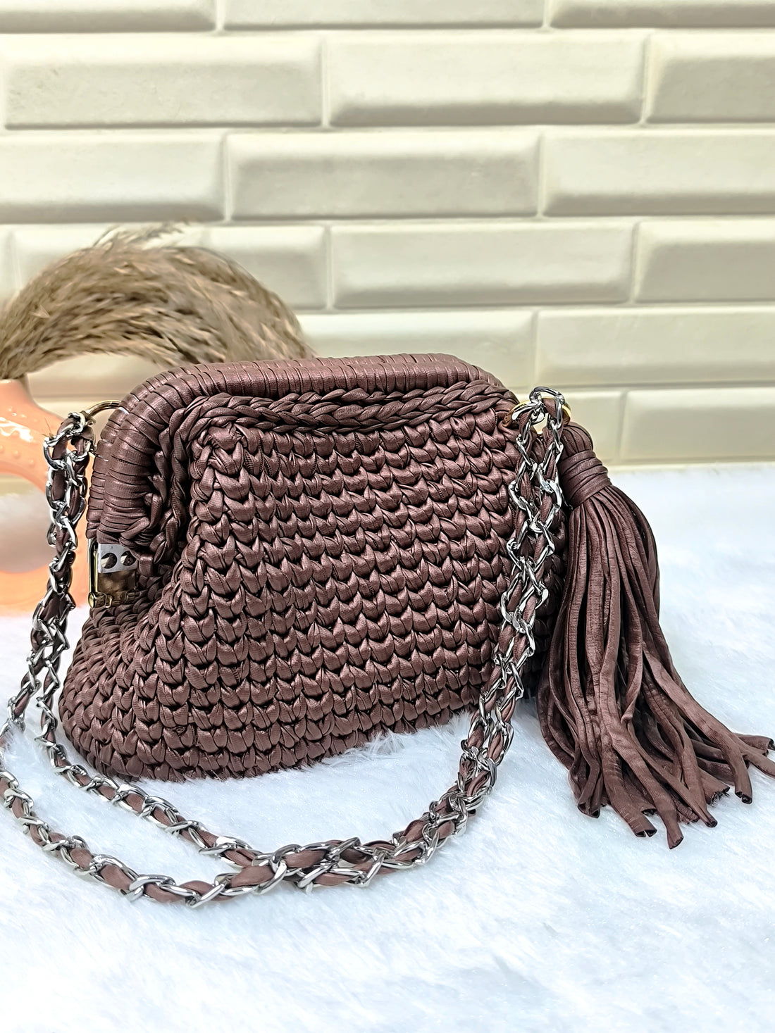 Toffee Glaze Leather Yarn Crochet Clutch with Chain Sling and Tassel