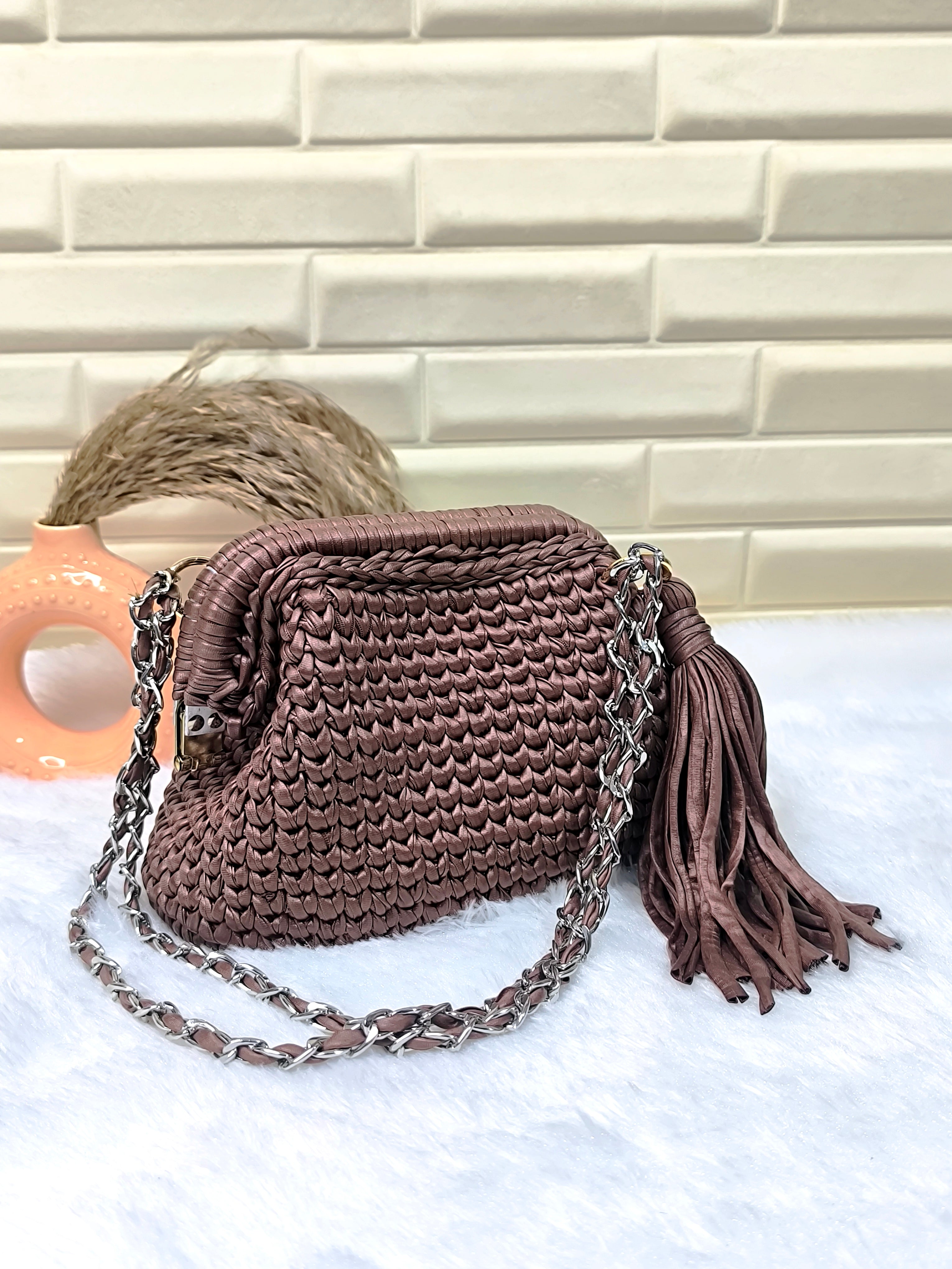 Toffee Glaze Leather Yarn Crochet Clutch with Chain Sling and Tassel