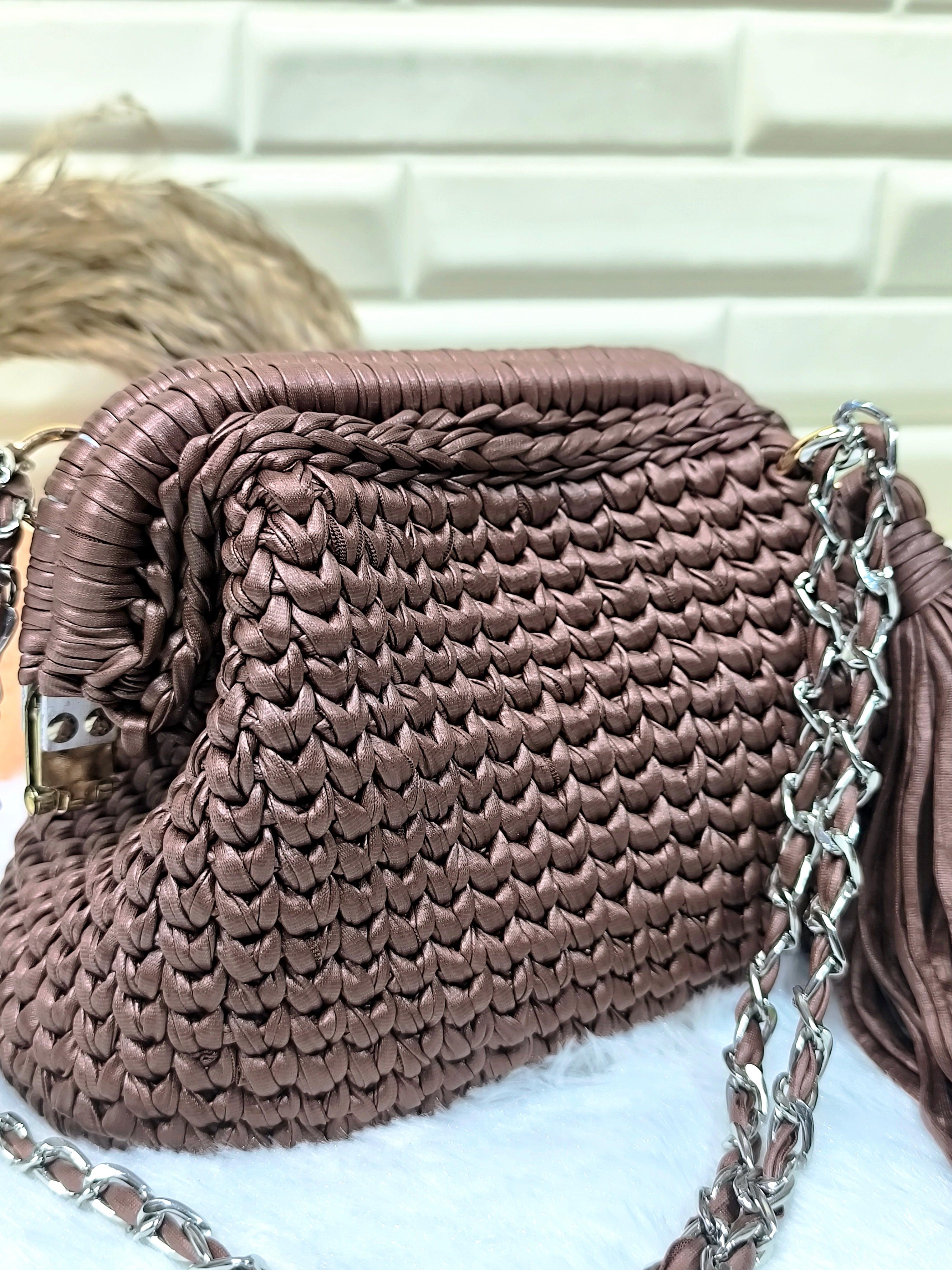 Toffee Glaze Leather Yarn Crochet Clutch with Chain Sling and Tassel