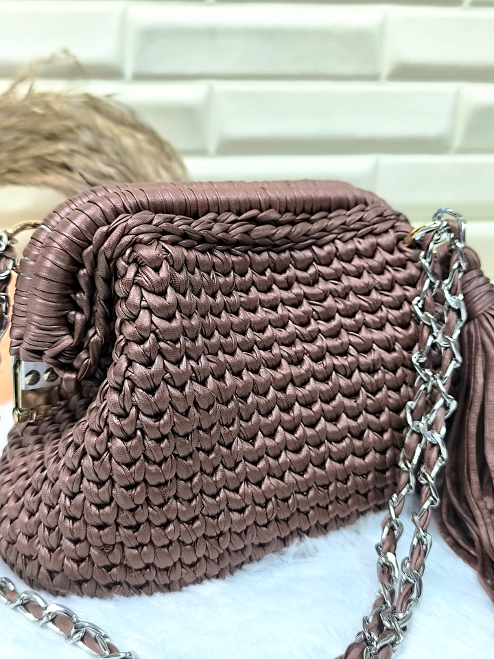 Toffee Glaze Leather Yarn Crochet Clutch with Chain Sling and Tassel