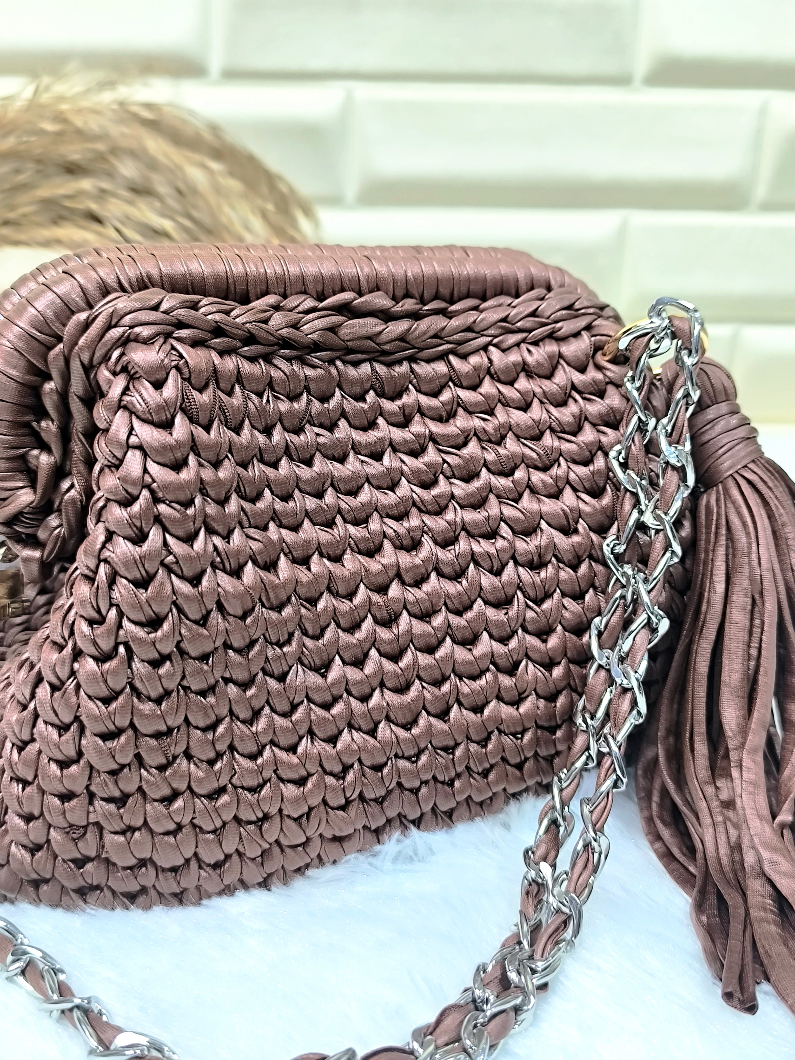 Toffee Glaze Leather Yarn Crochet Clutch with Chain Sling and Tassel