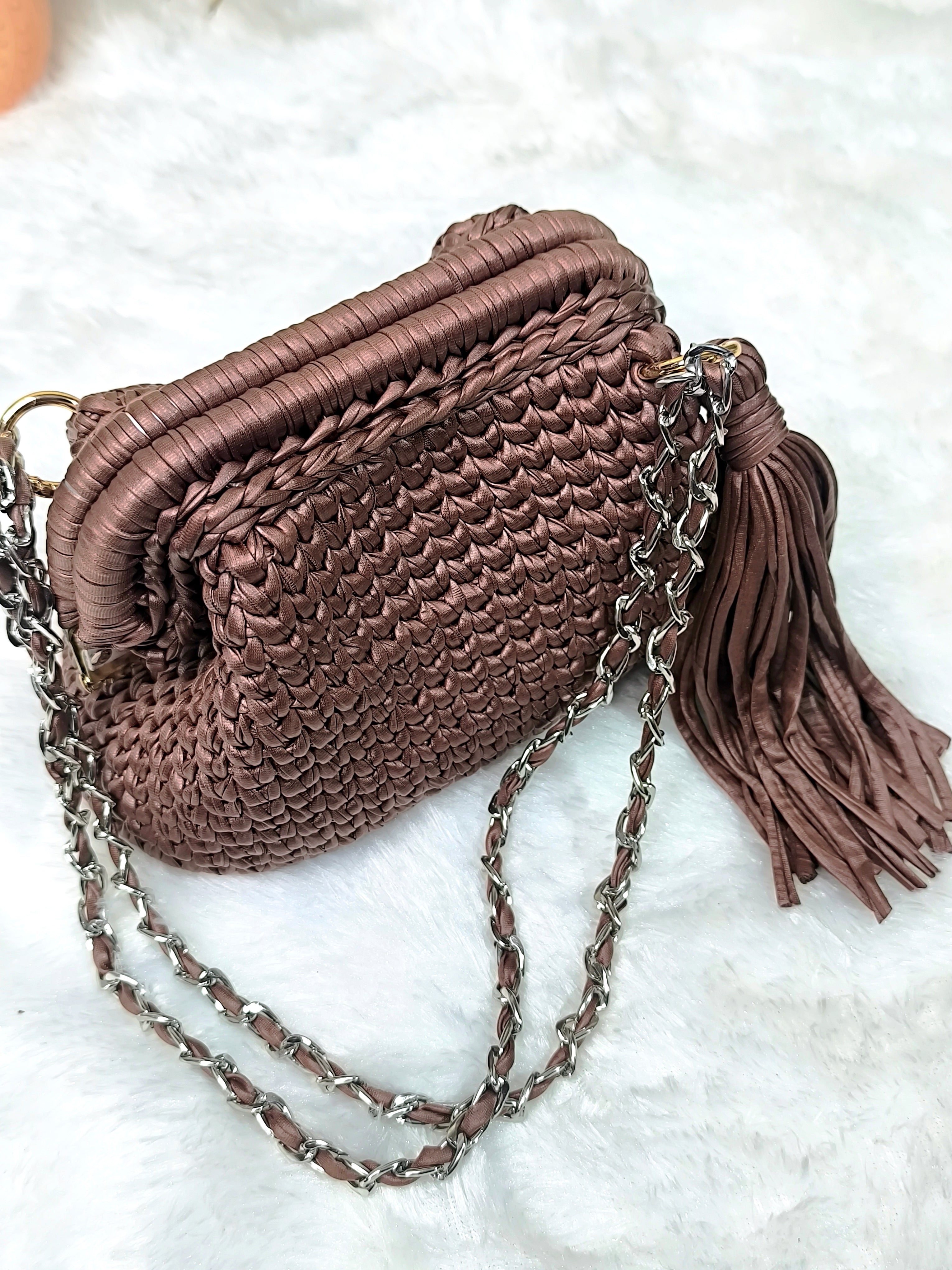 Toffee Glaze Leather Yarn Crochet Clutch with Chain Sling and Tassel
