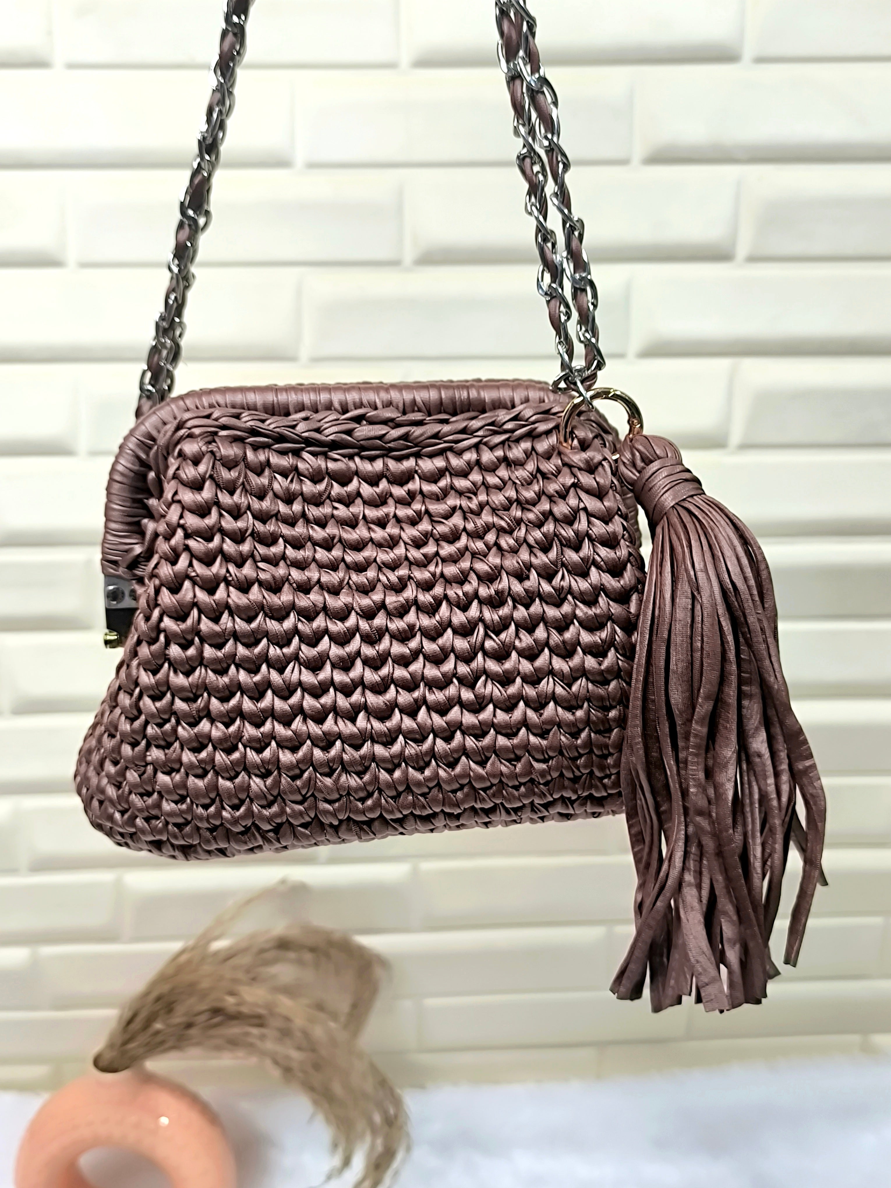 Toffee Glaze Leather Yarn Crochet Clutch with Chain Sling and Tassel