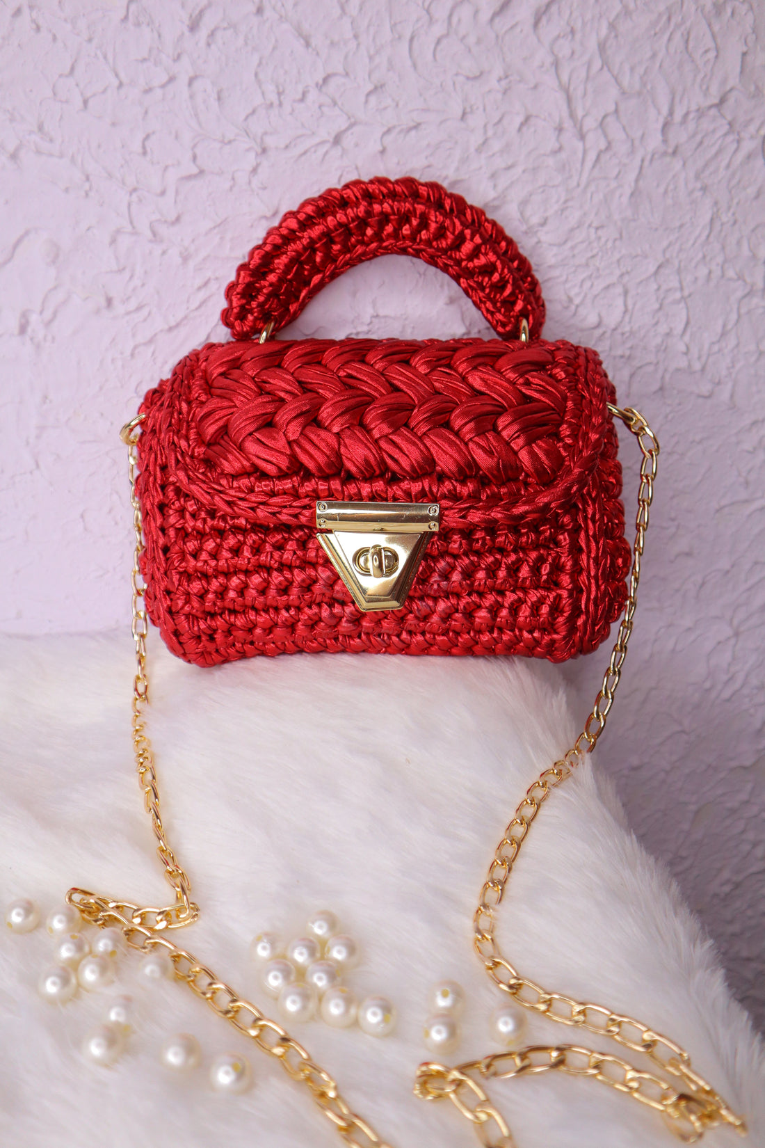 Fiery Red Metallic Crochet Bag