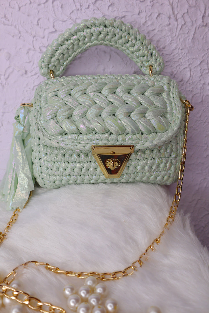 Soft Mint Green Metallic Crochet Bag