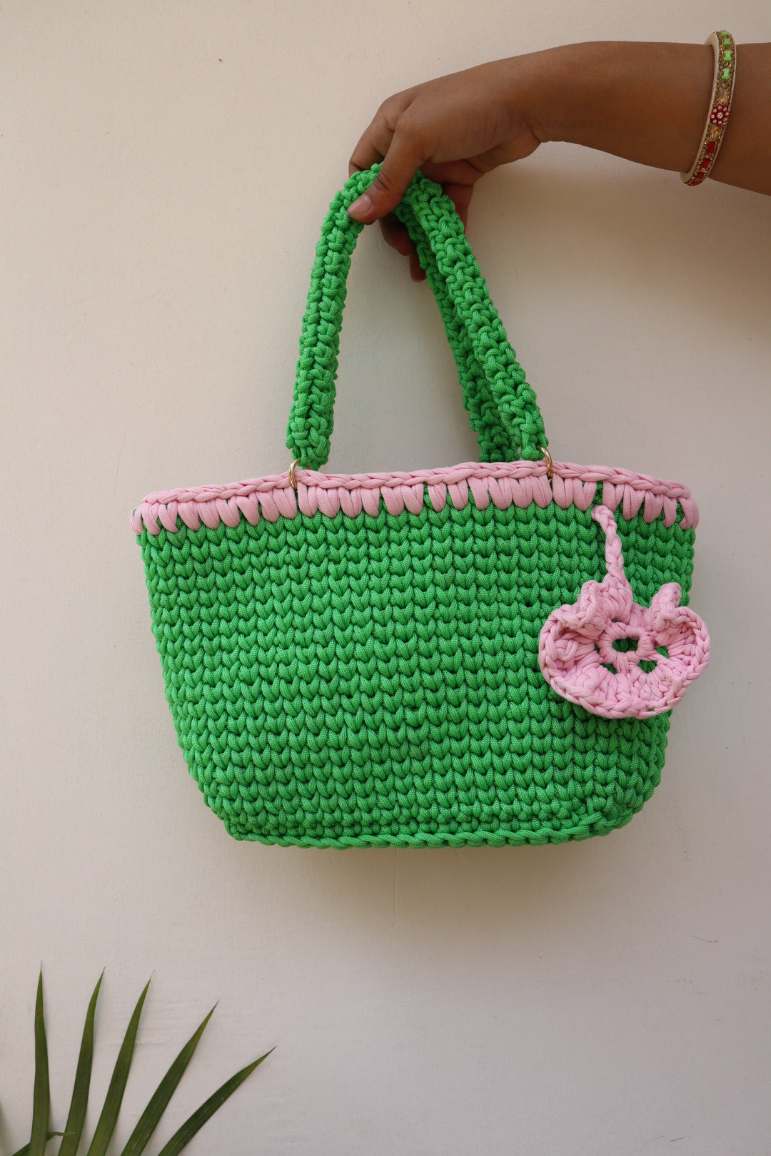 Playful Green and Pink Handcrafted Crochet Bag