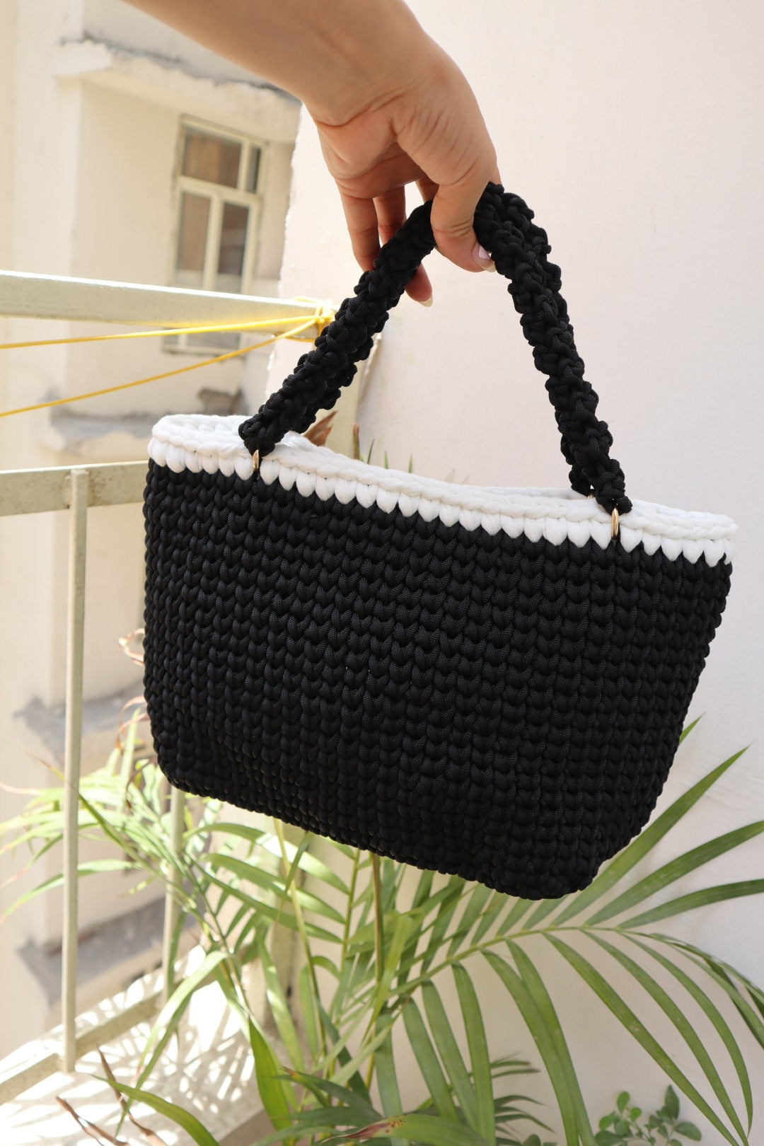 Classic Black and White Handcrafted Crochet Bag