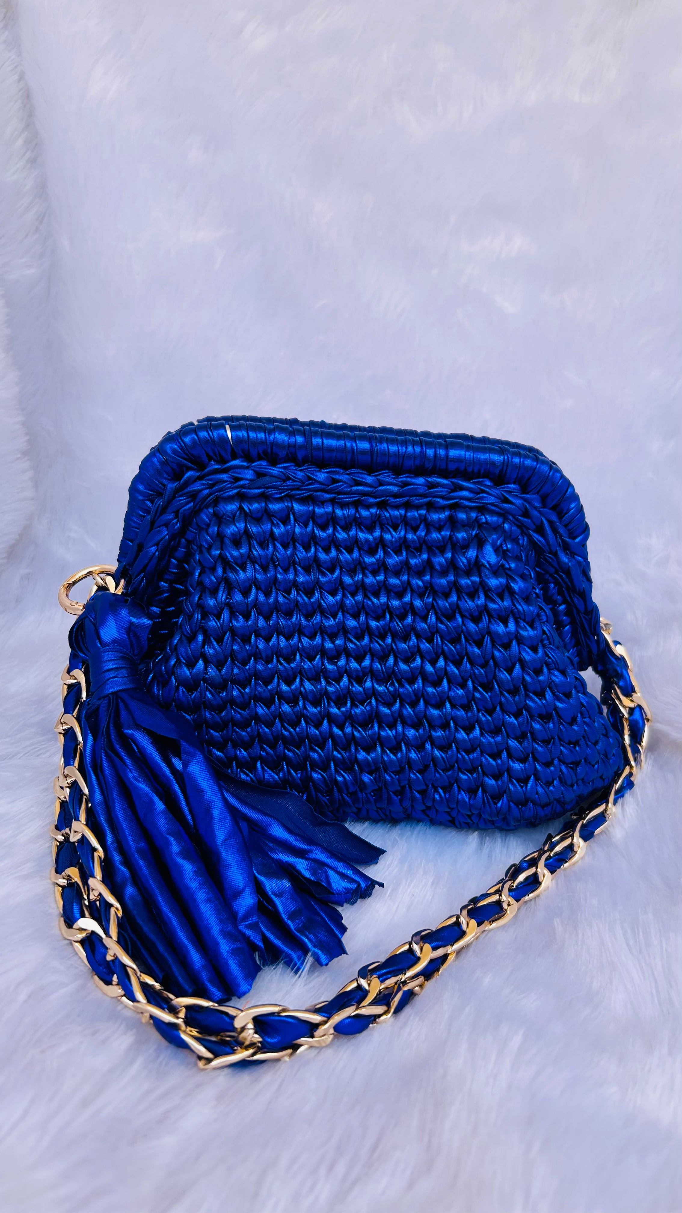 Blue Metallic Crochet Clutch with Chain & Tassel