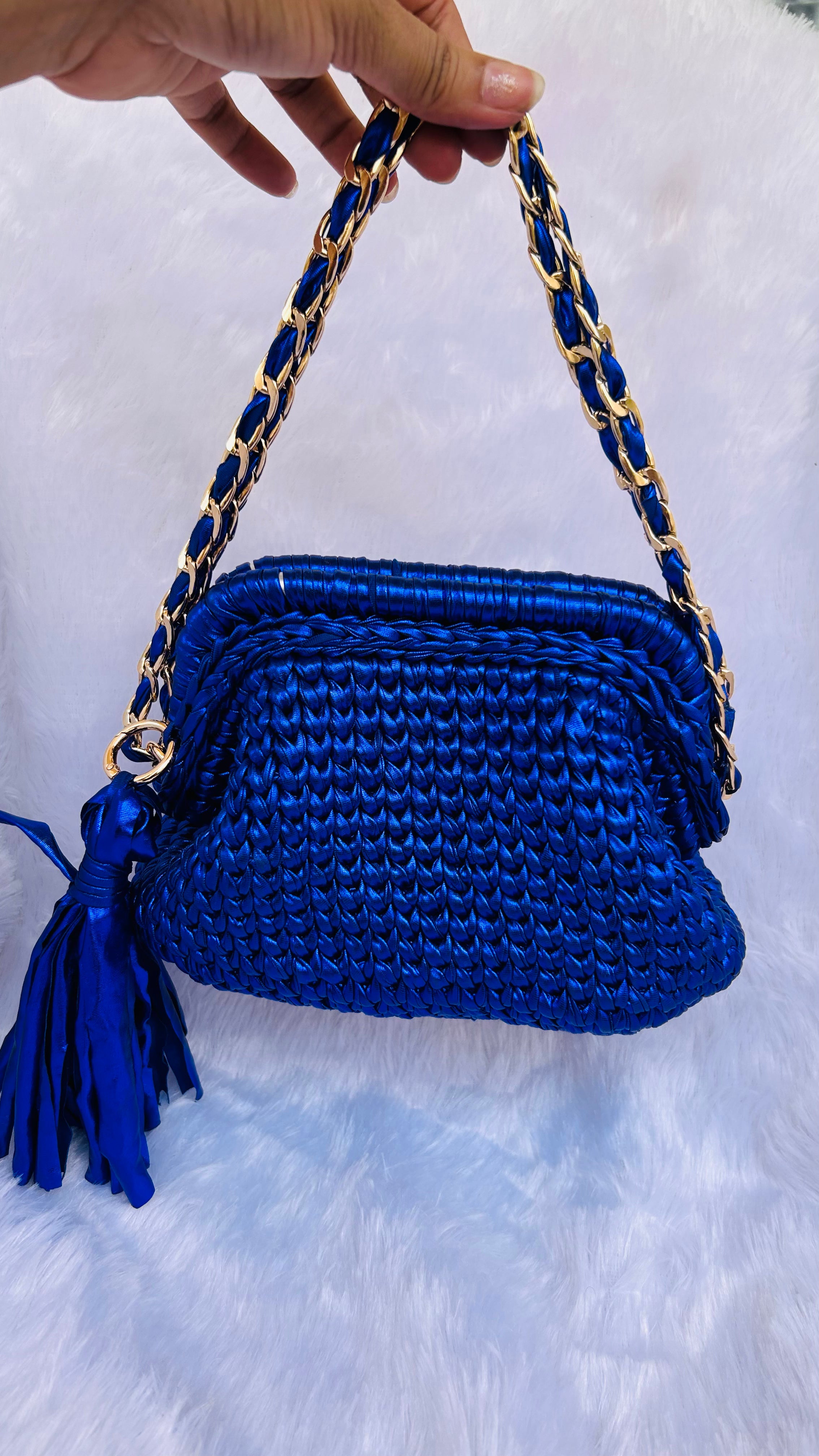 Blue Metallic Crochet Clutch with Chain & Tassel