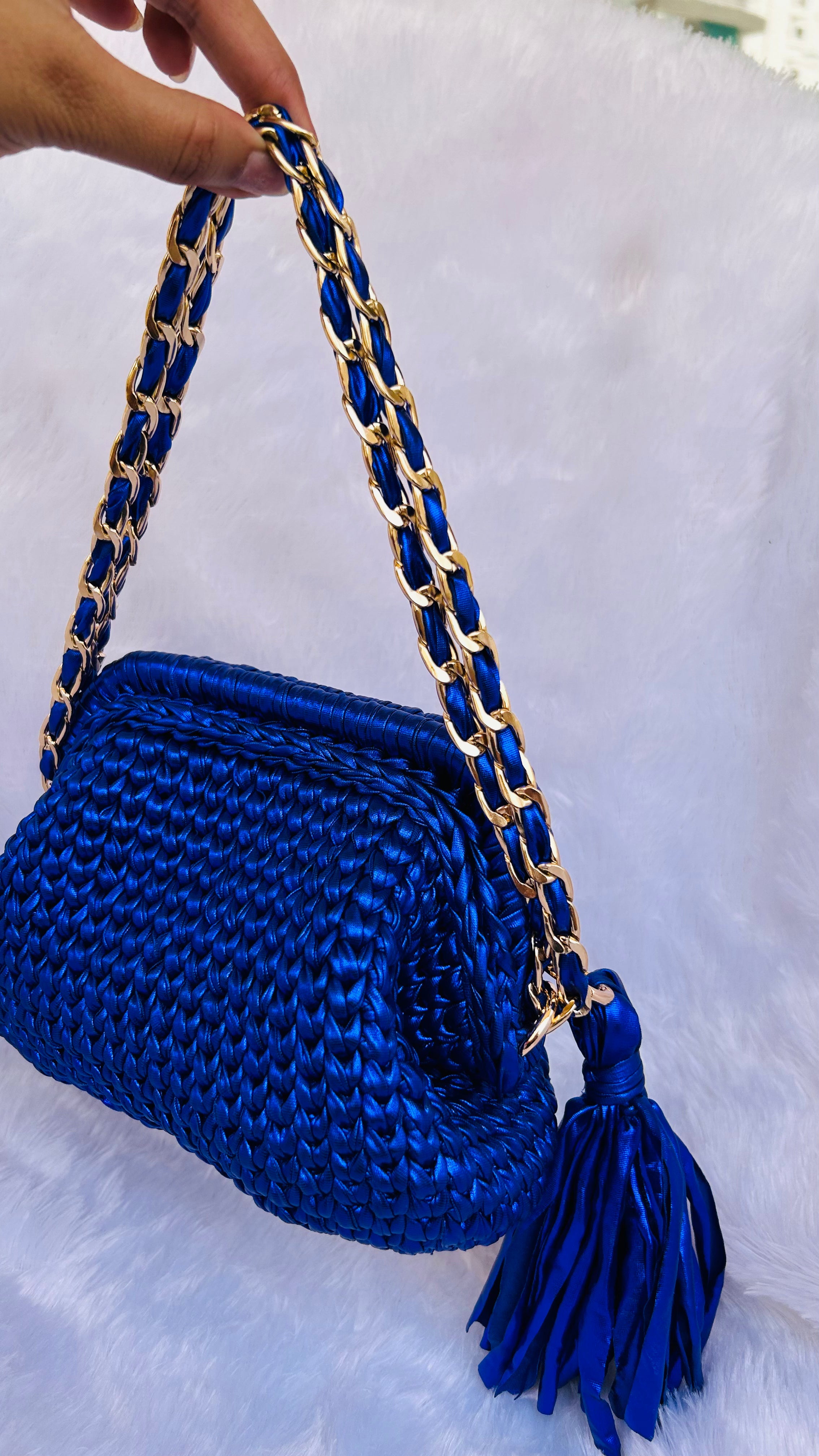 Blue Metallic Crochet Clutch with Chain & Tassel