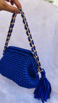 Blue Metallic Crochet Clutch with Chain & Tassel