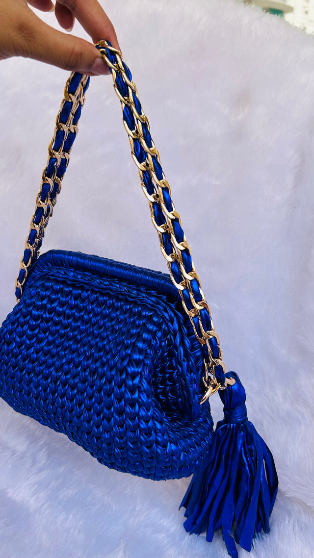 Blue Metallic Crochet Clutch with Chain & Tassel