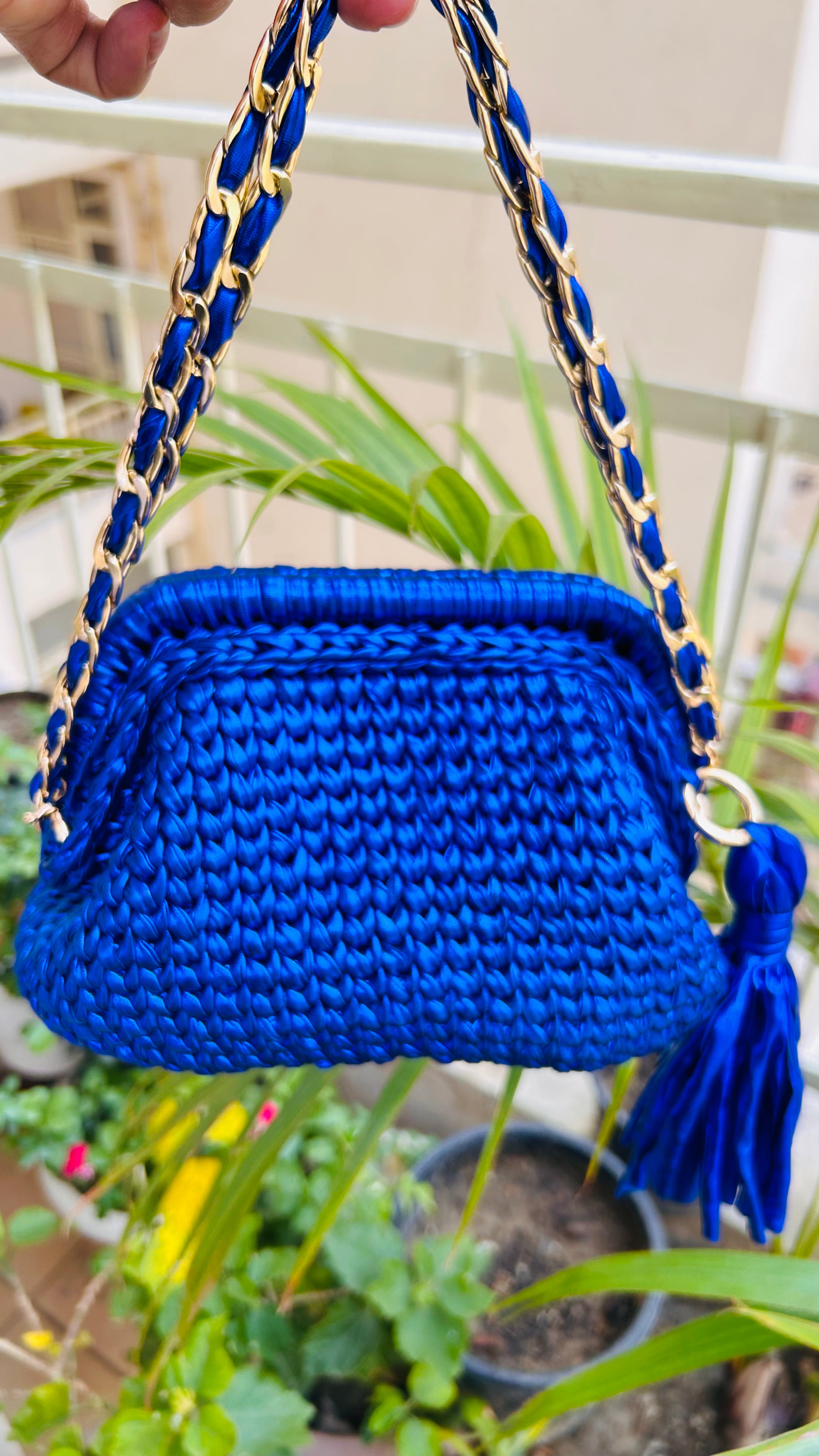 Blue Metallic Crochet Clutch with Chain & Tassel