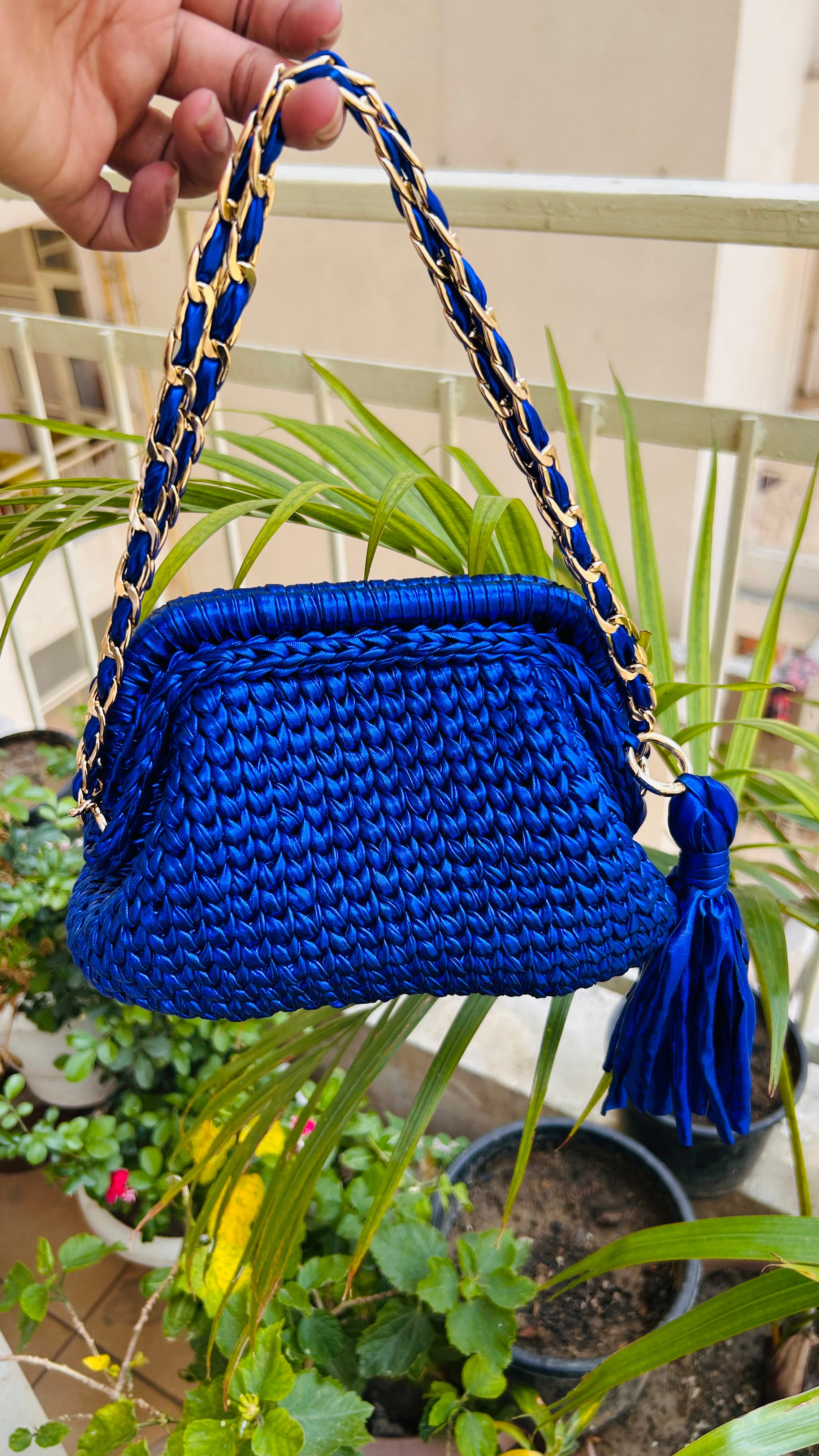 Blue Metallic Crochet Clutch with Chain & Tassel