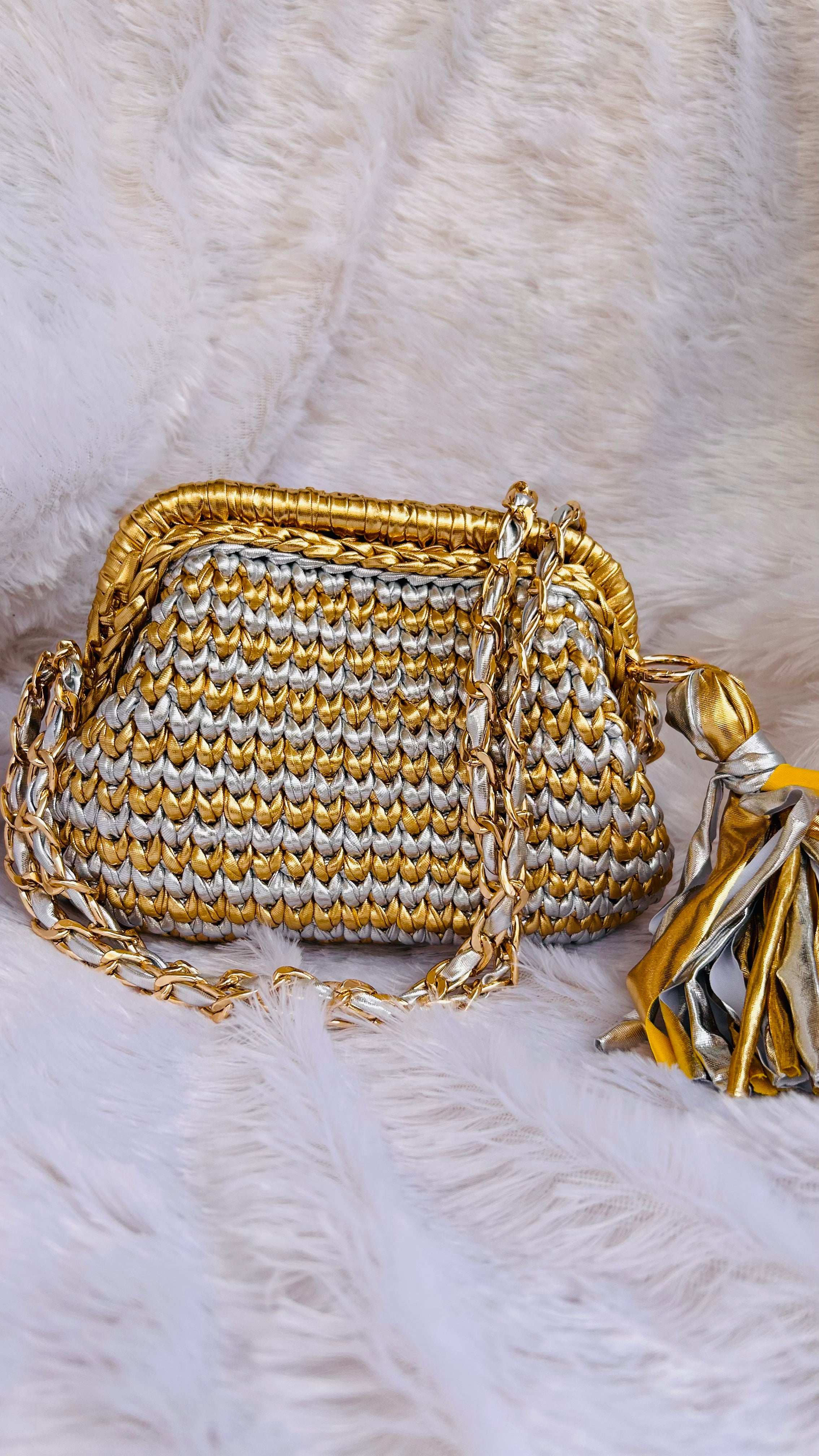 Golden & Silver Luxe Metallic Crochet Clutch (Price Drop)