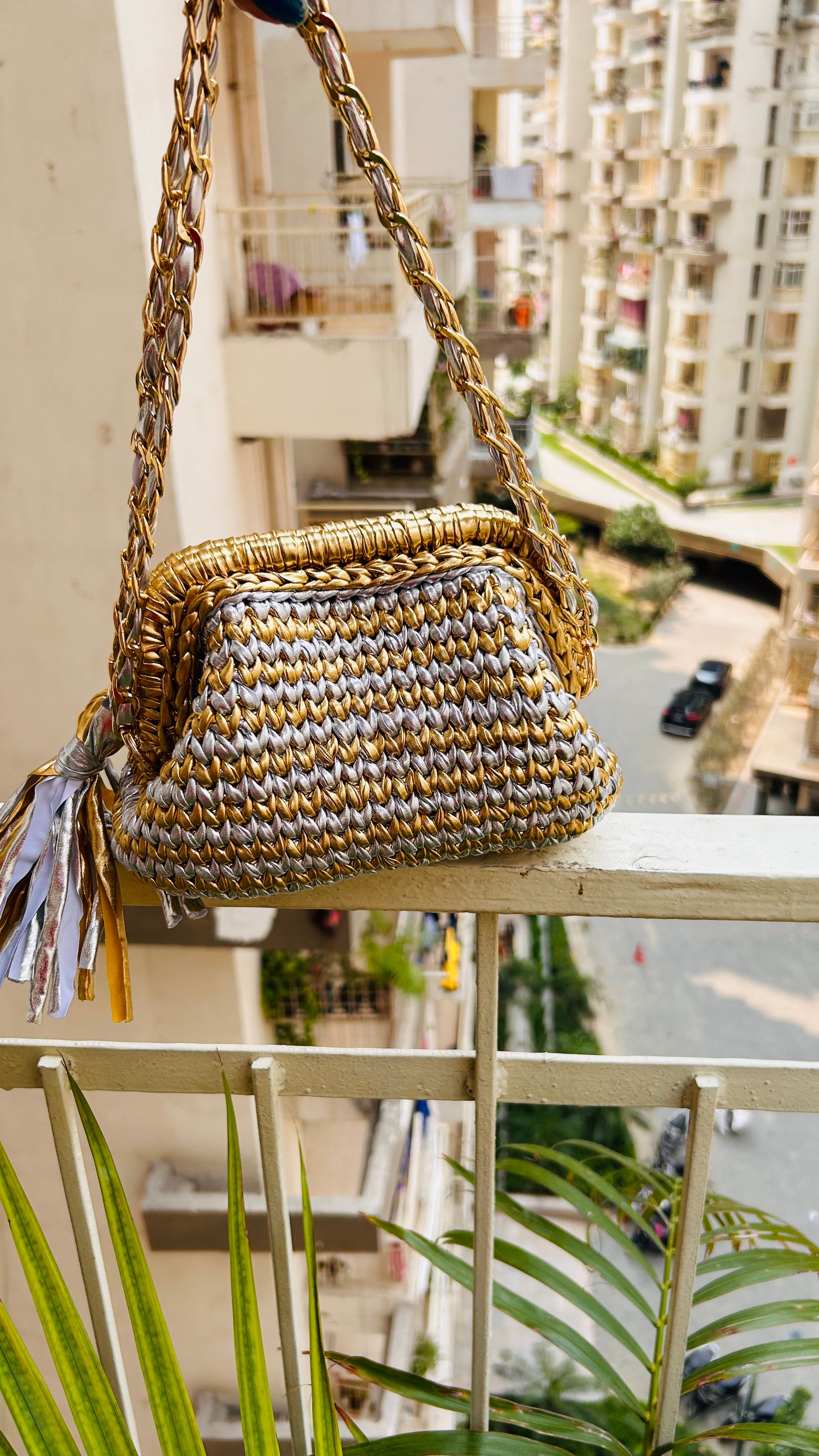 Golden & Silver Luxe Metallic Crochet Clutch (Price Drop)