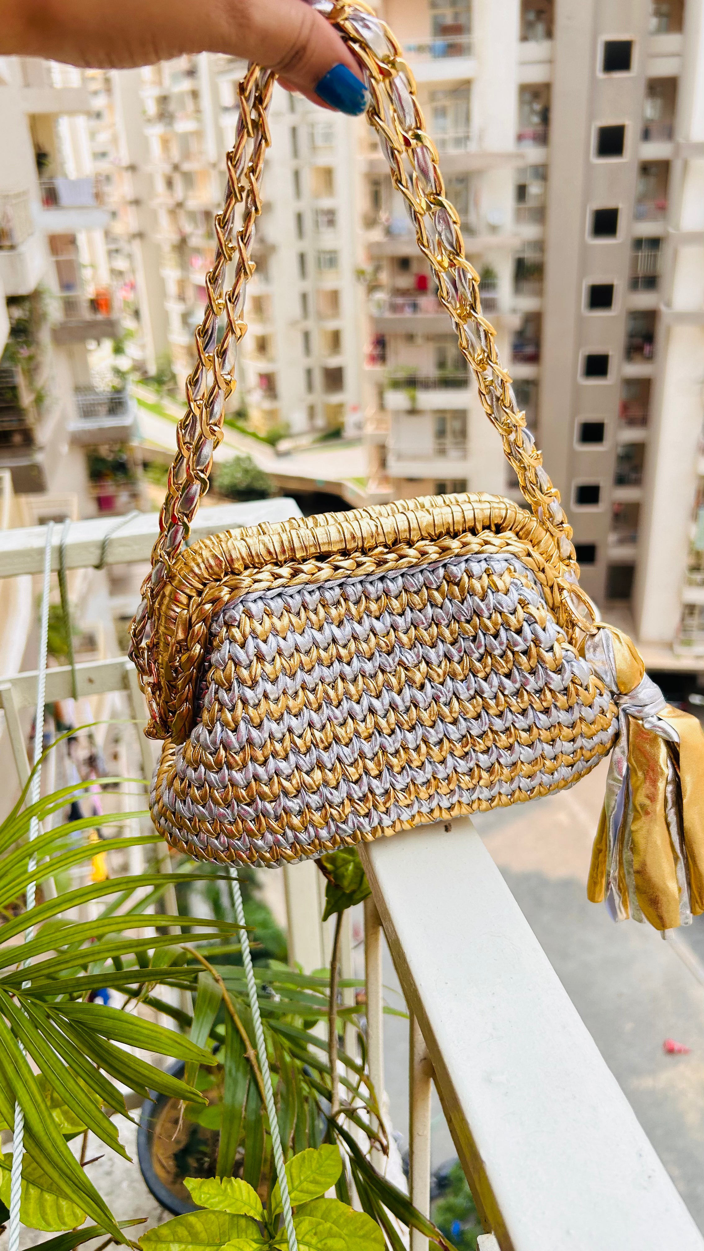 Golden & Silver Luxe Metallic Crochet Clutch (Price Drop)