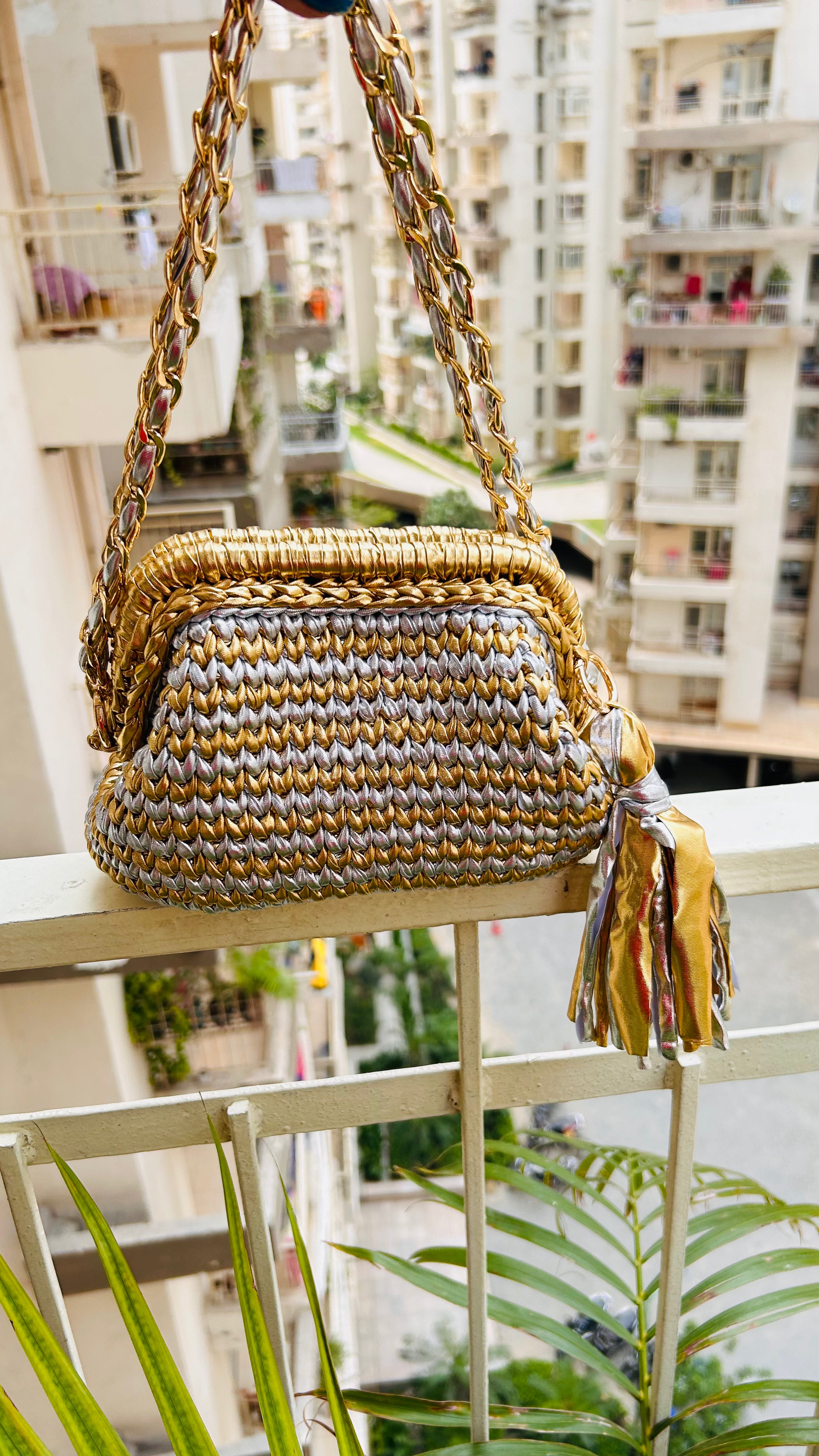 Golden & Silver Luxe Metallic Crochet Clutch (Price Drop)