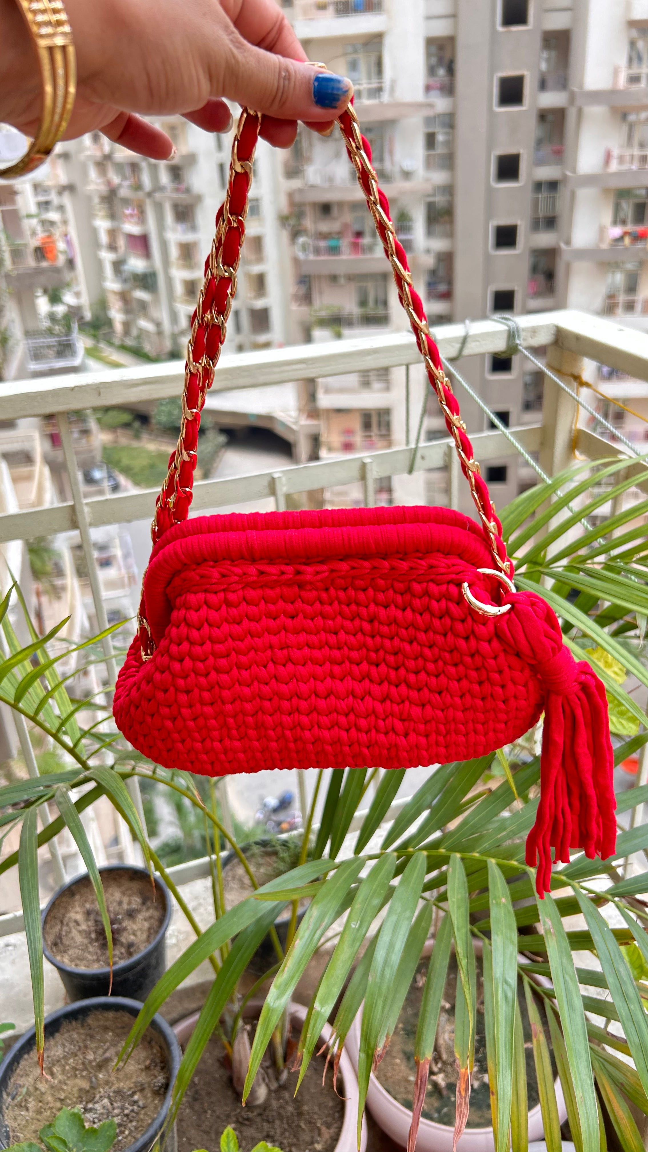 Handmade T-Shirt Yarn Red Clutch