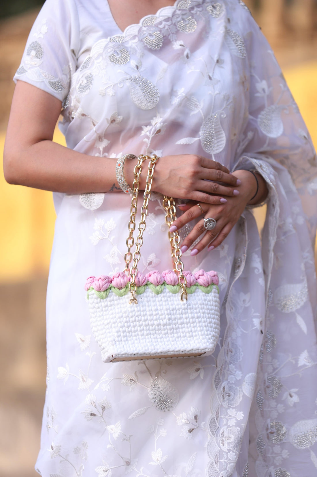 Ligh Pink Tulips on White  Handmade Crochet Bag