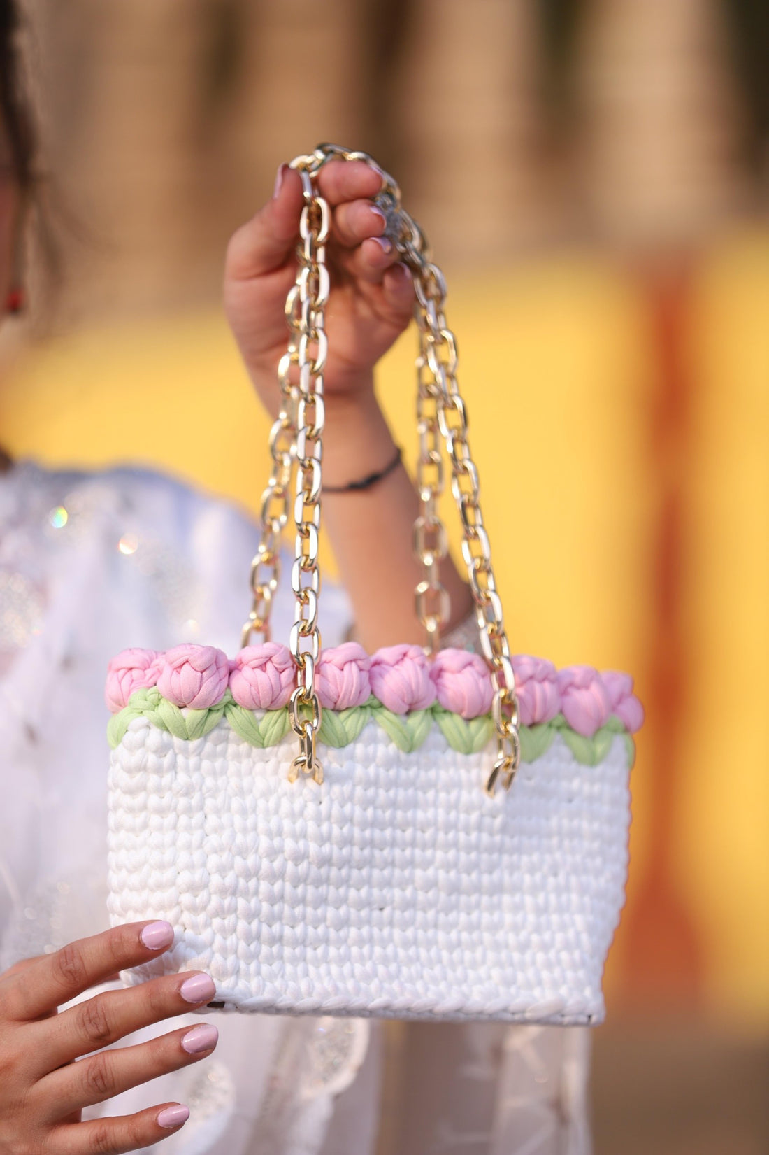 Ligh Pink Tulips on White  Handmade Crochet Bag