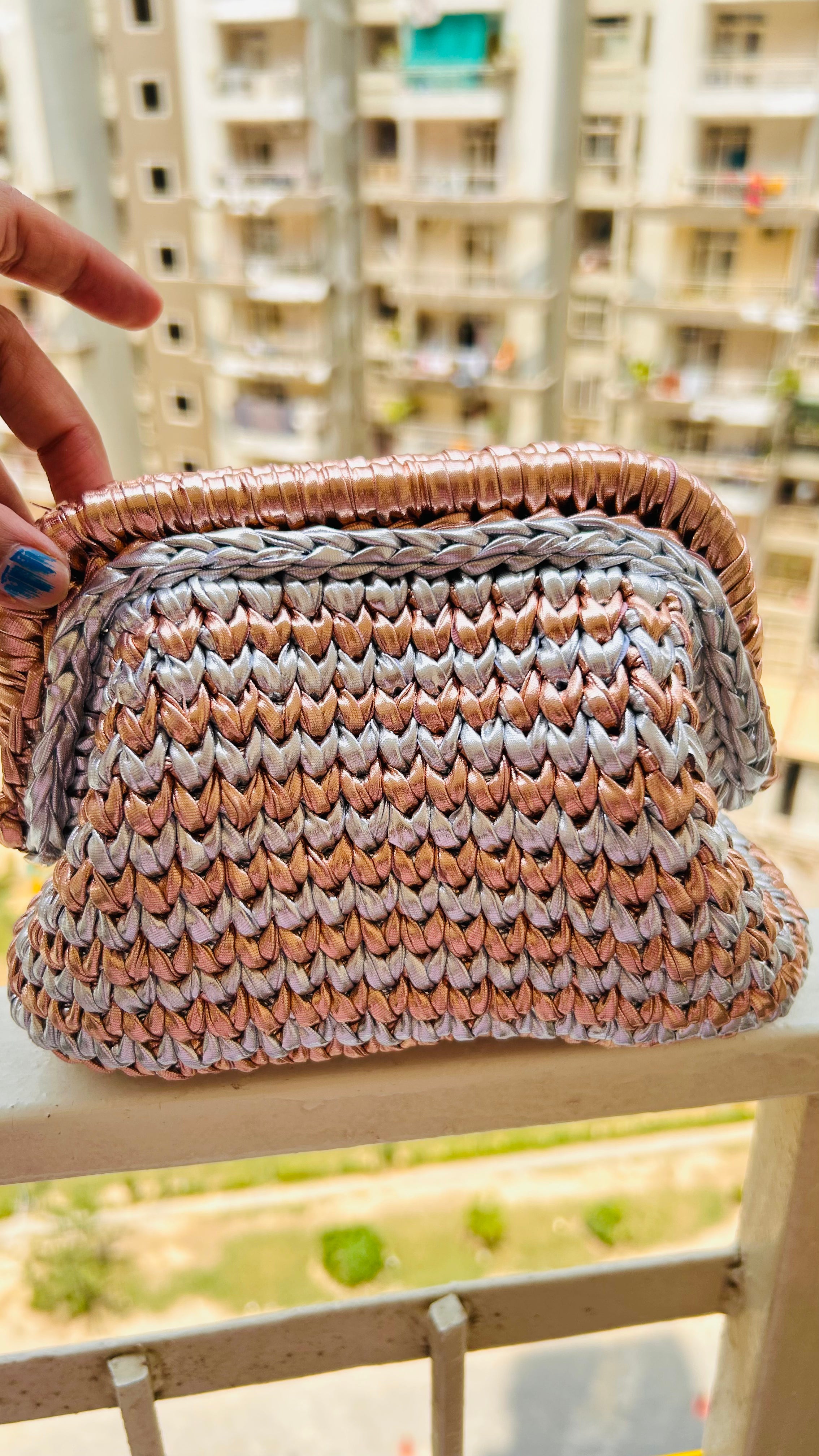 Silver and Rose Gold Two-Tone Crochet Clutch with Sling and Tassel