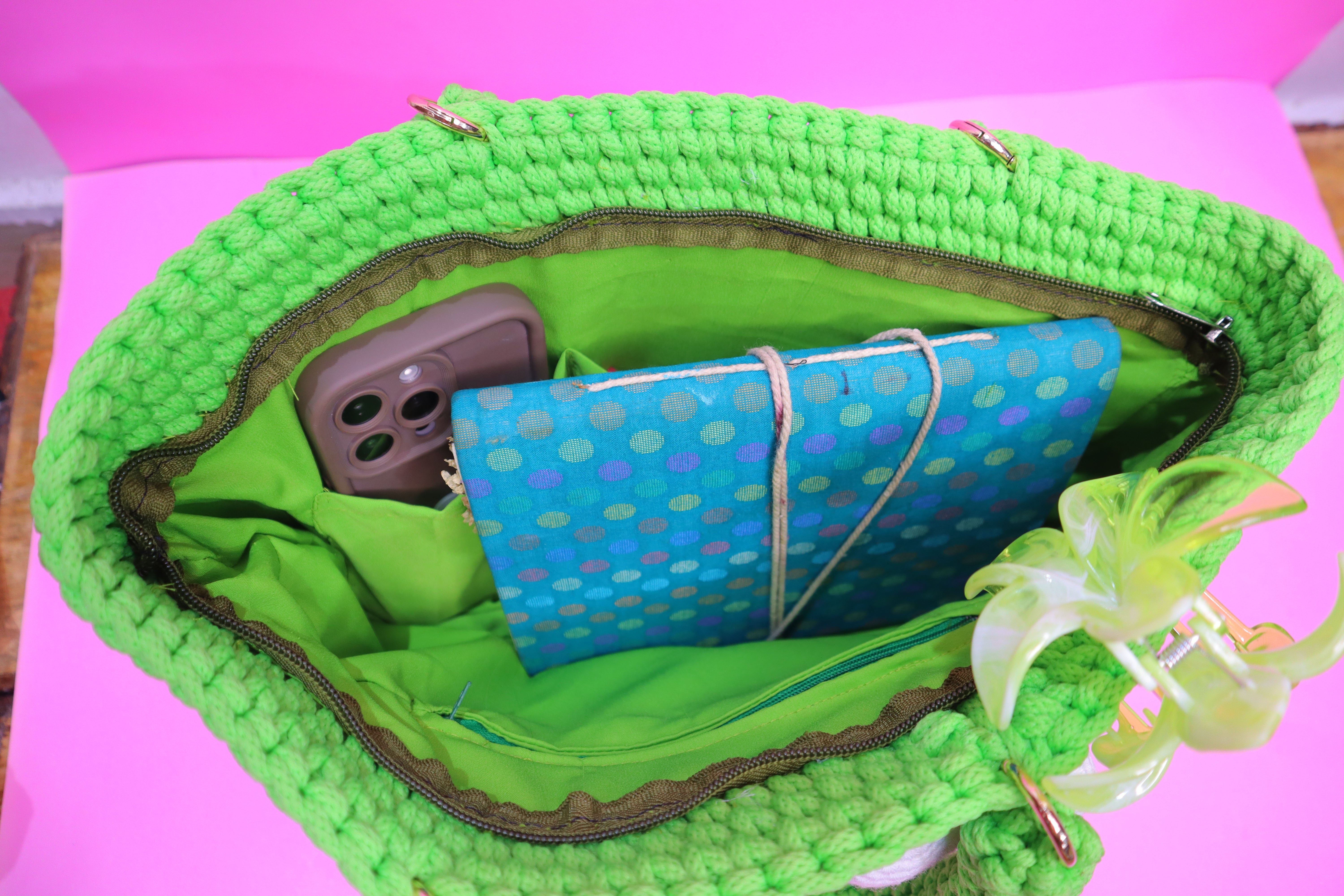 Handmade Bright Green Tote Bag with Heart Charm