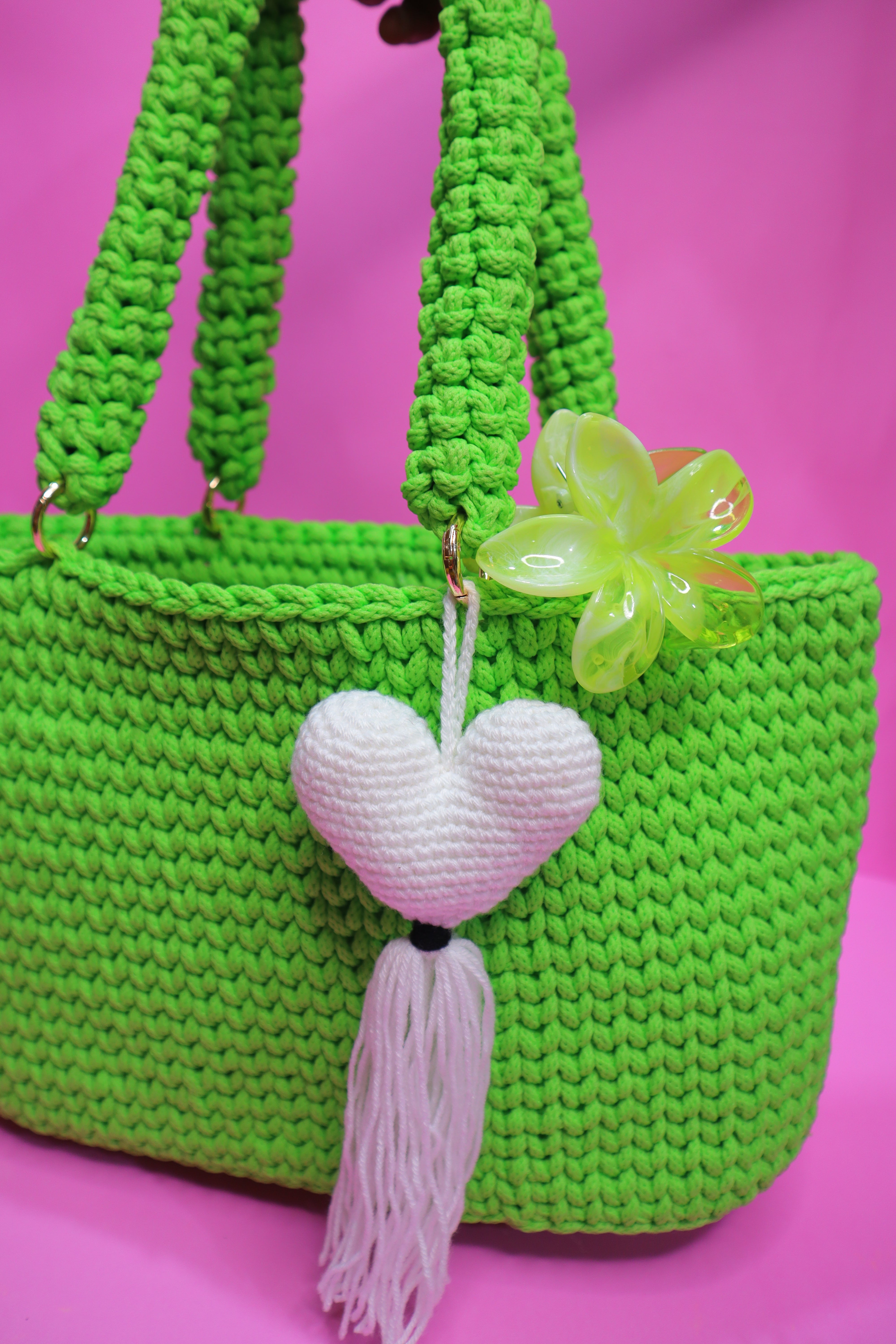Handmade Bright Green Tote Bag with Heart Charm
