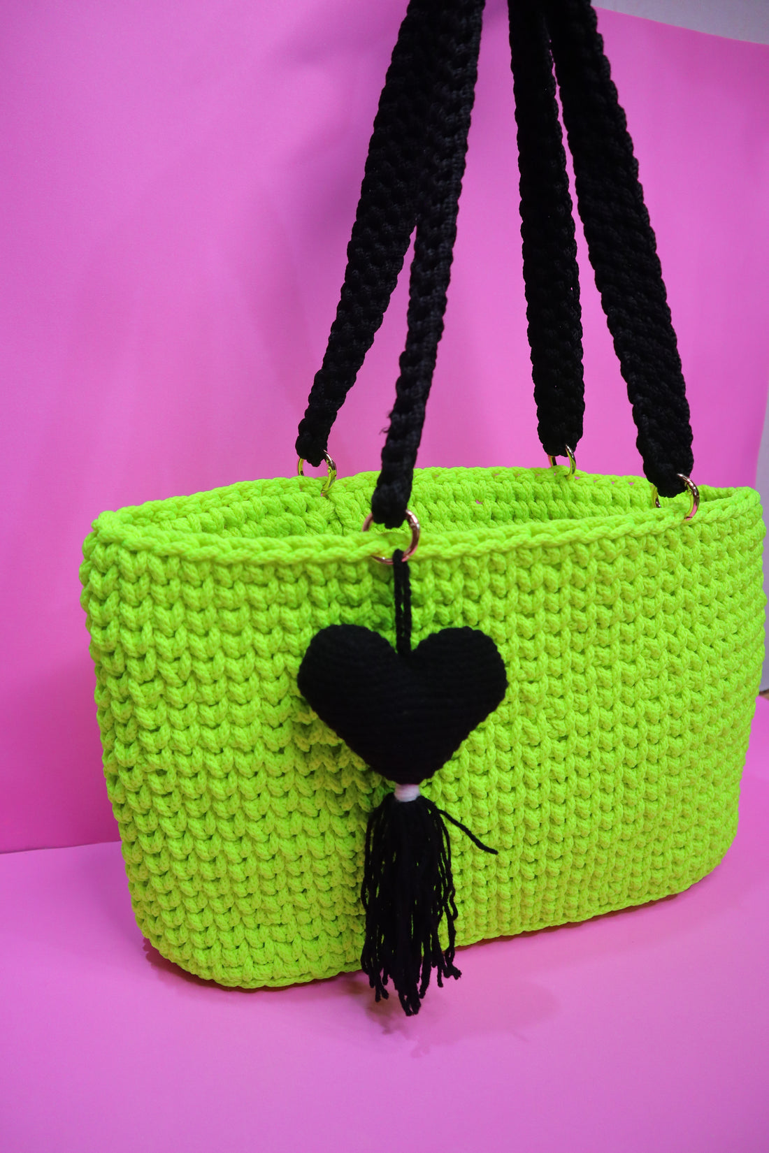 Handmade Neon Green Tote with Black Heart Charm