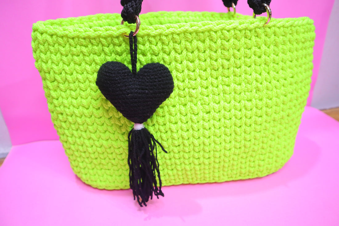 Handmade Neon Green Tote with Black Heart Charm