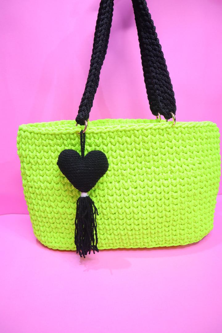 Handmade Neon Green Tote with Black Heart Charm