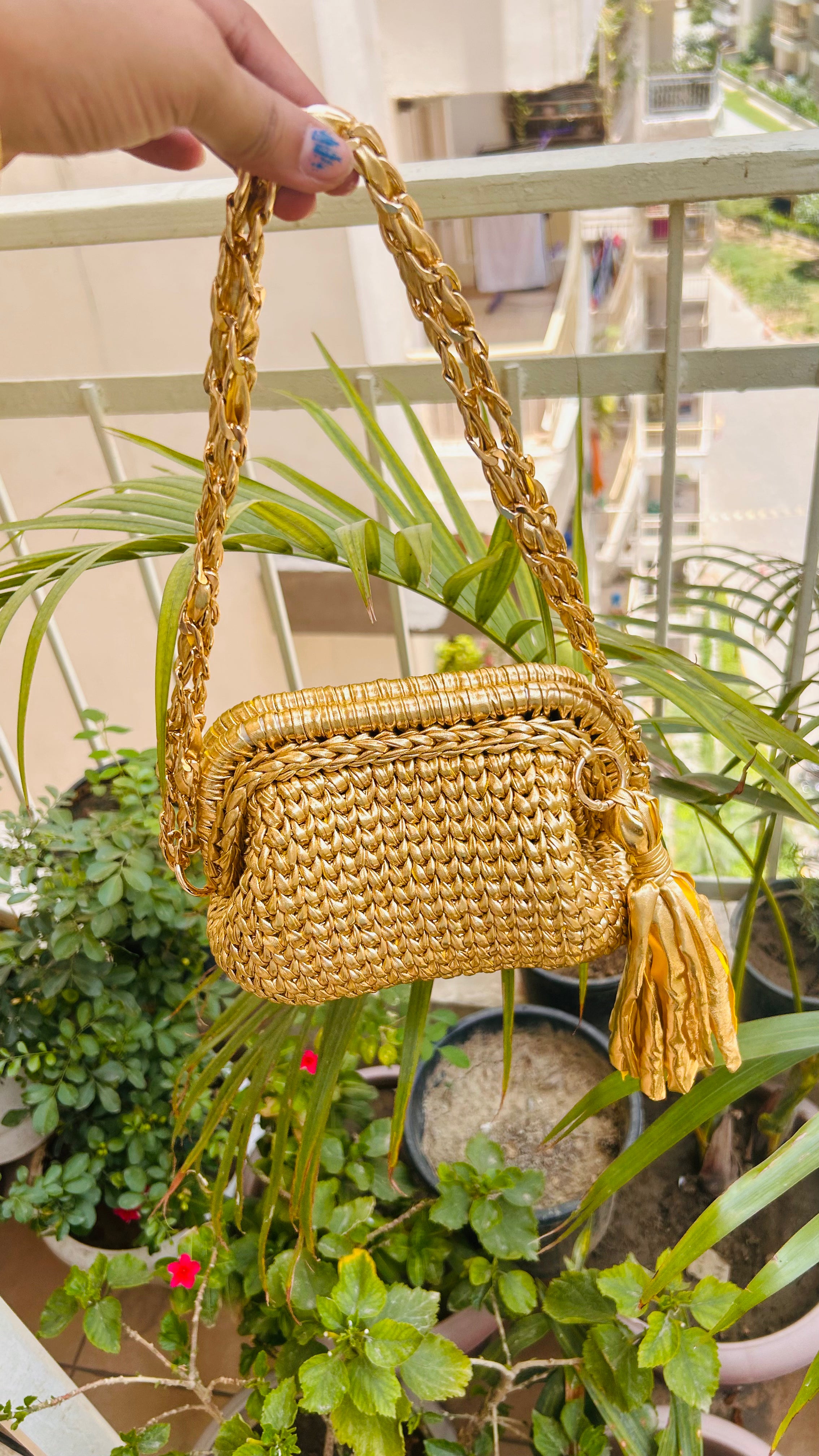 Golden Luxe Metallic Crochet Clutch with Sling and Tassel ( Price Drop)