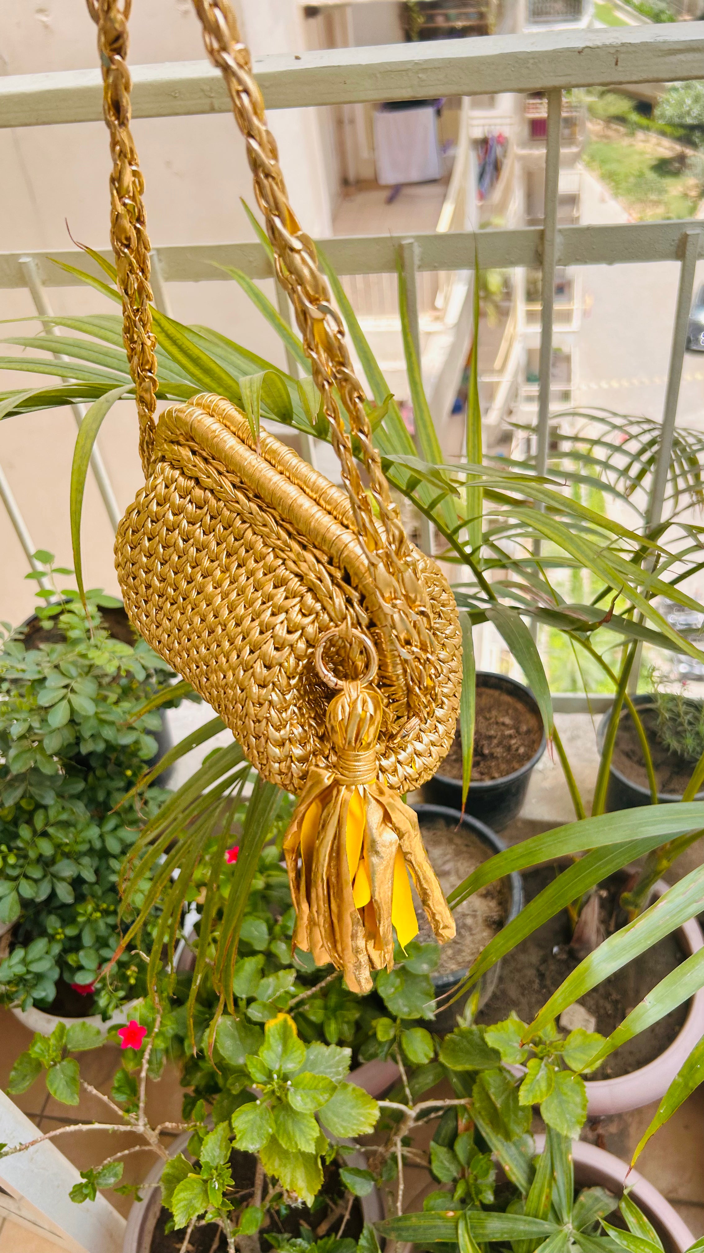 Golden Luxe Metallic Crochet Clutch with Sling and Tassel ( Price Drop)