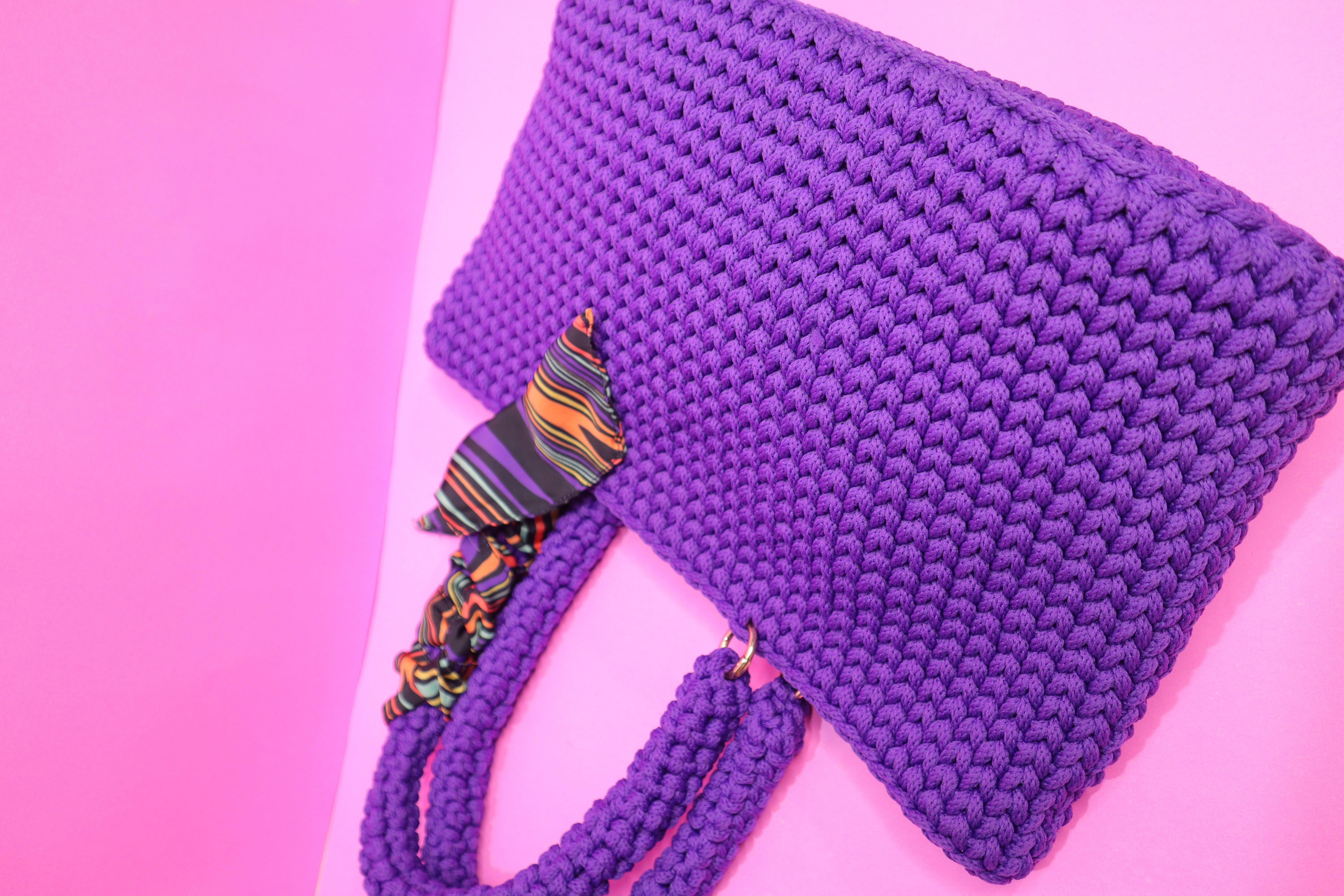 Handmade Purple Tote Bag with Printed Fabric Tie