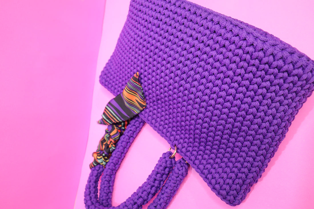 Handmade Purple Tote Bag with Printed Fabric Tie