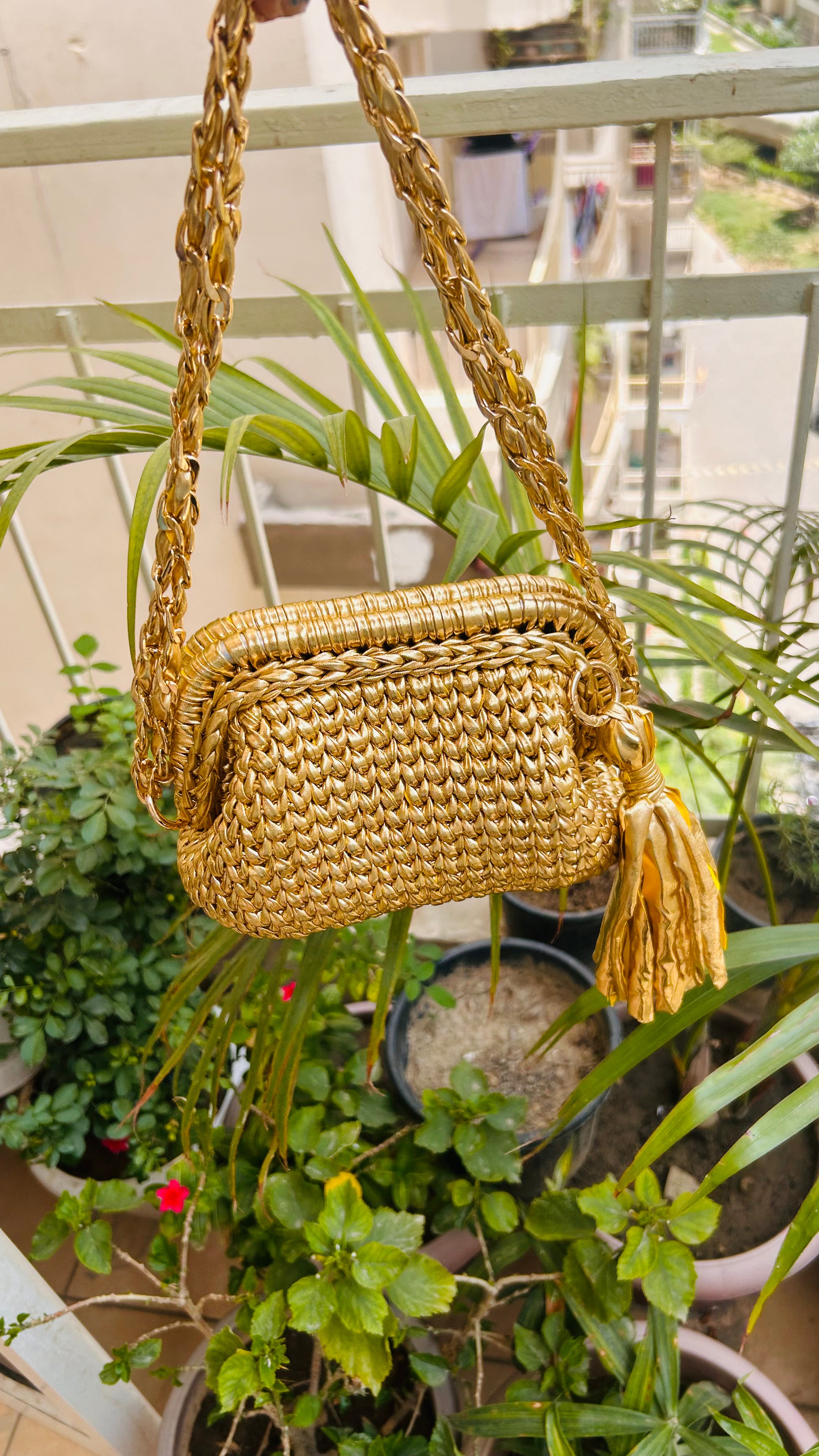 Golden Luxe Metallic Crochet Clutch with Sling and Tassel ( Price Drop)