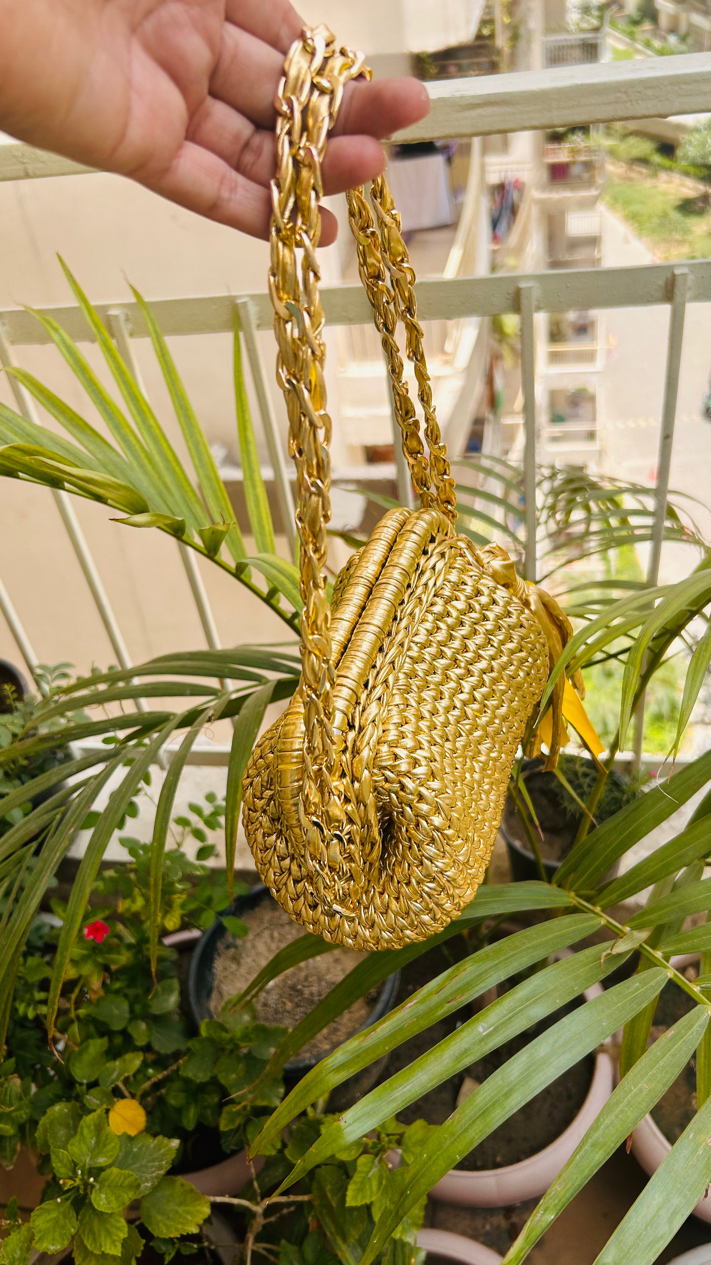 Golden Luxe Metallic Crochet Clutch with Sling and Tassel ( Price Drop)