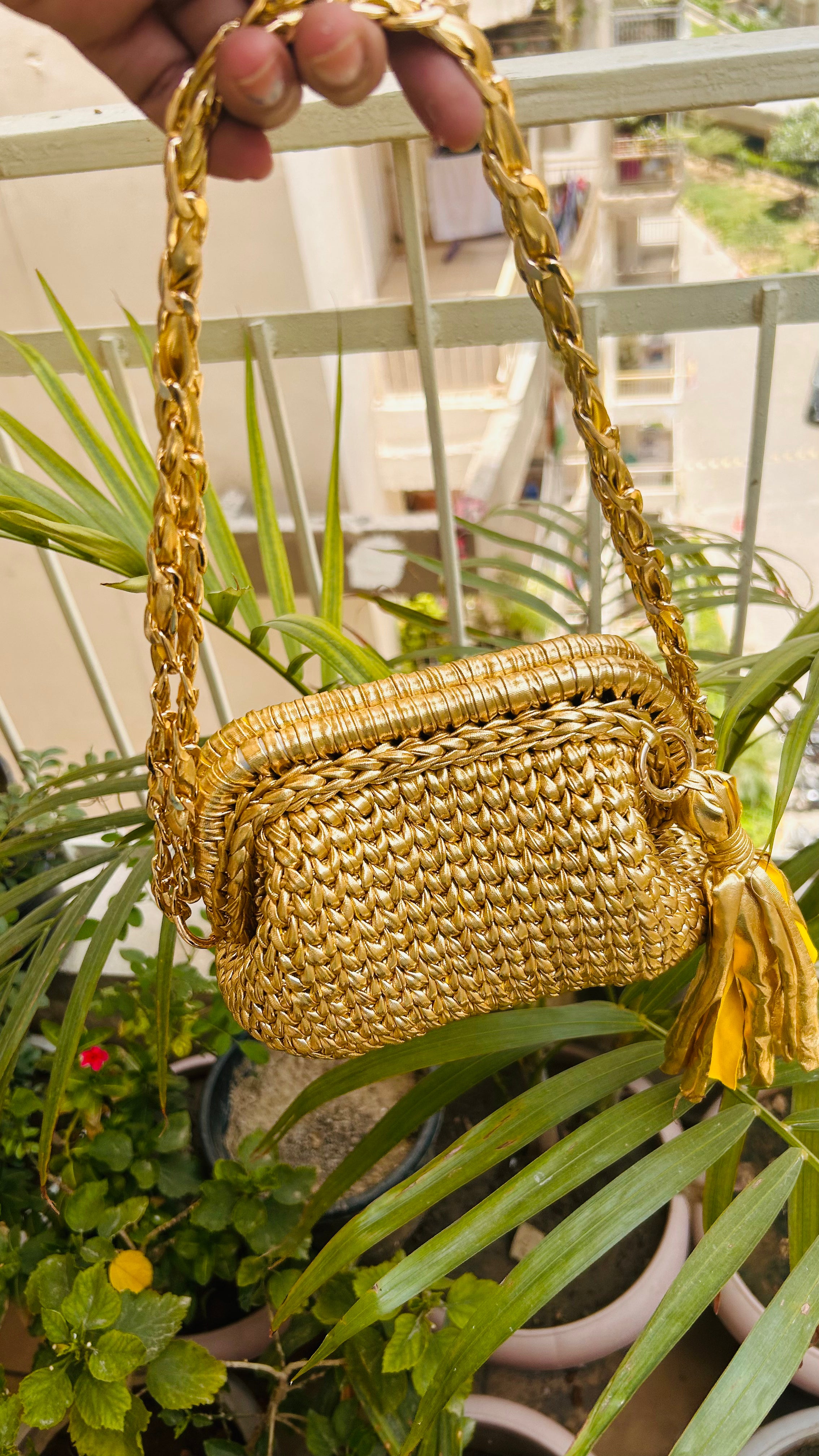Golden Luxe Metallic Crochet Clutch with Sling and Tassel ( Price Drop)