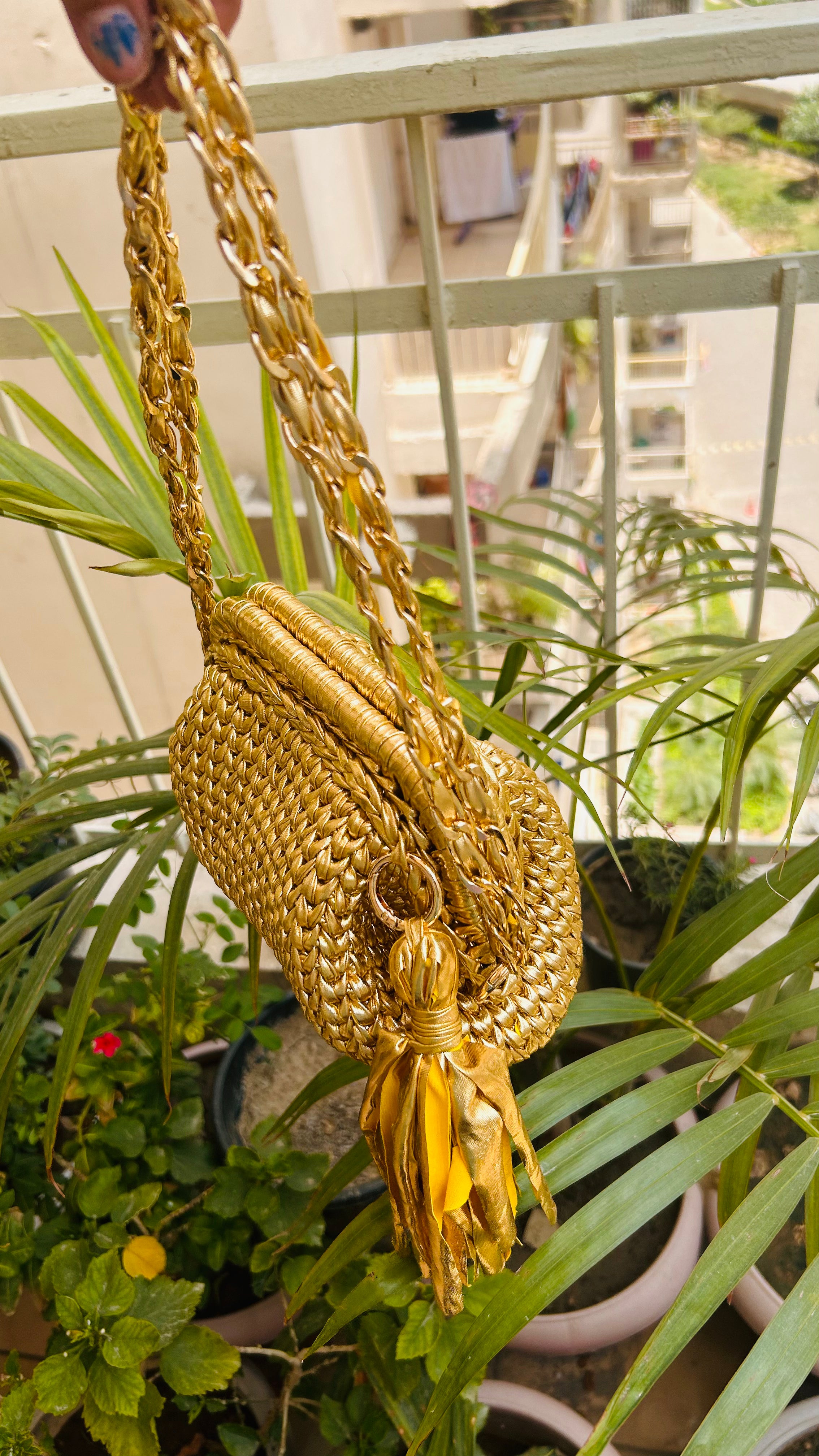 Golden Luxe Metallic Crochet Clutch with Sling and Tassel ( Price Drop)