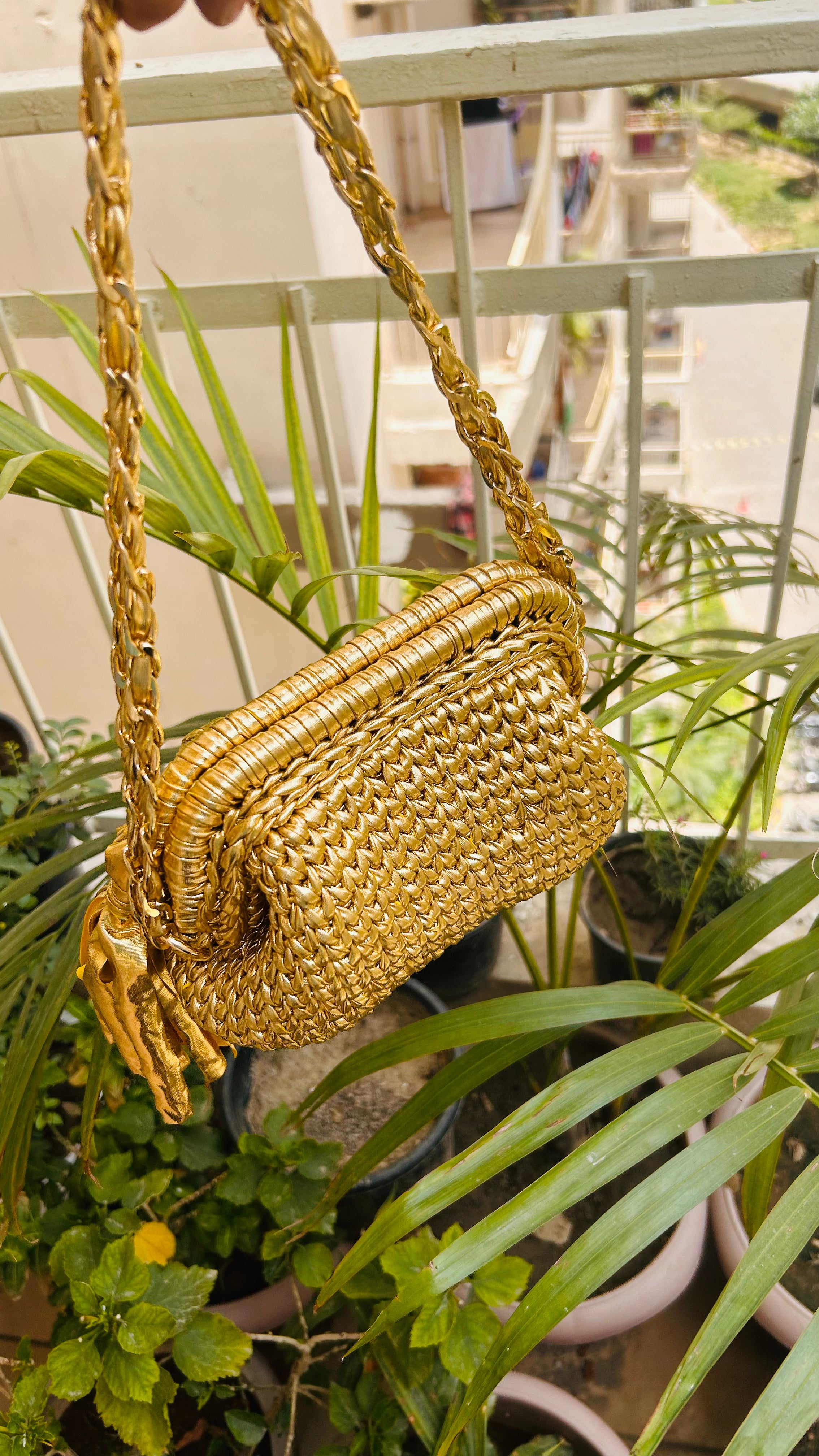 Golden Luxe Metallic Crochet Clutch with Sling and Tassel ( Price Drop)