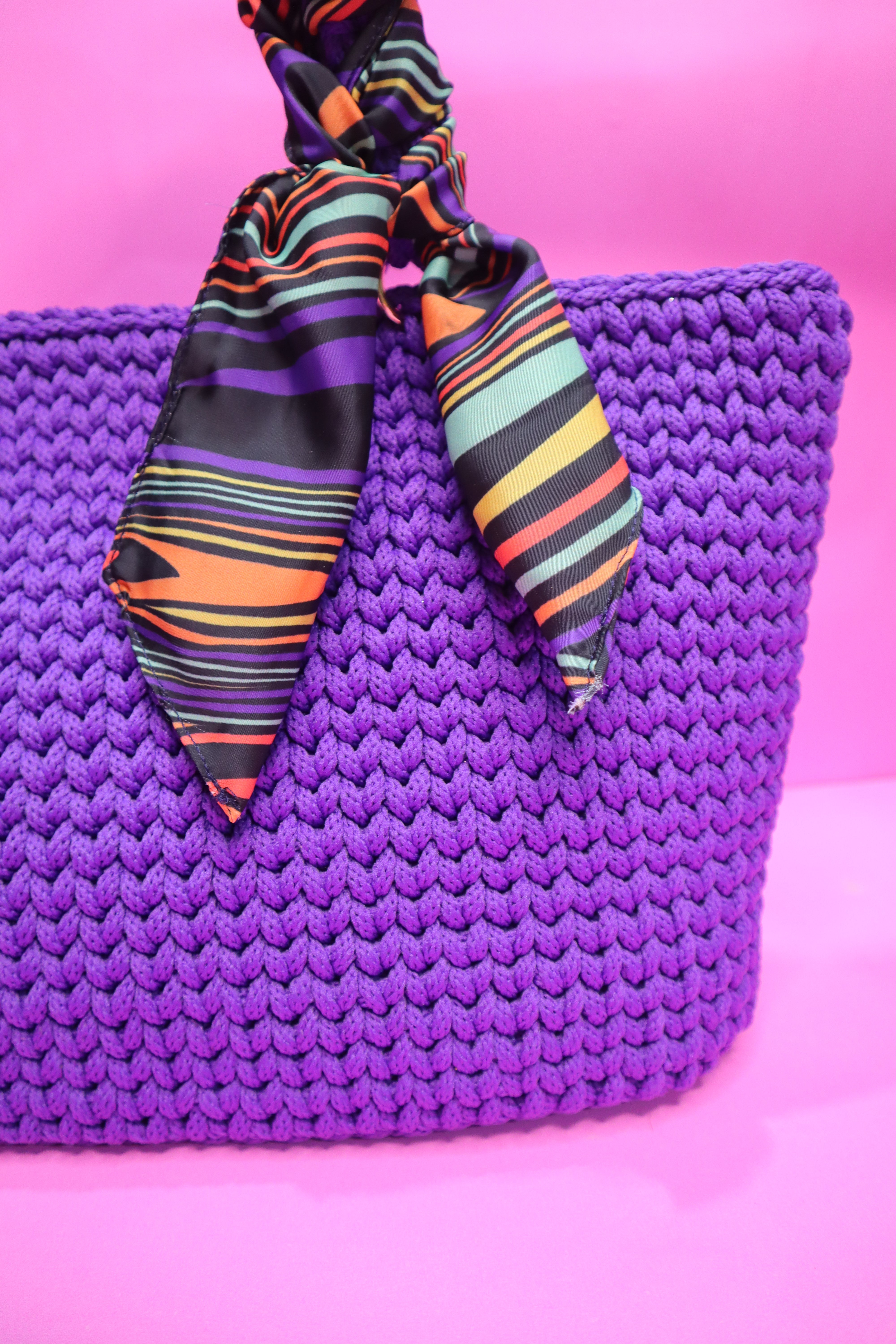 Handmade Purple Tote Bag with Printed Fabric Tie