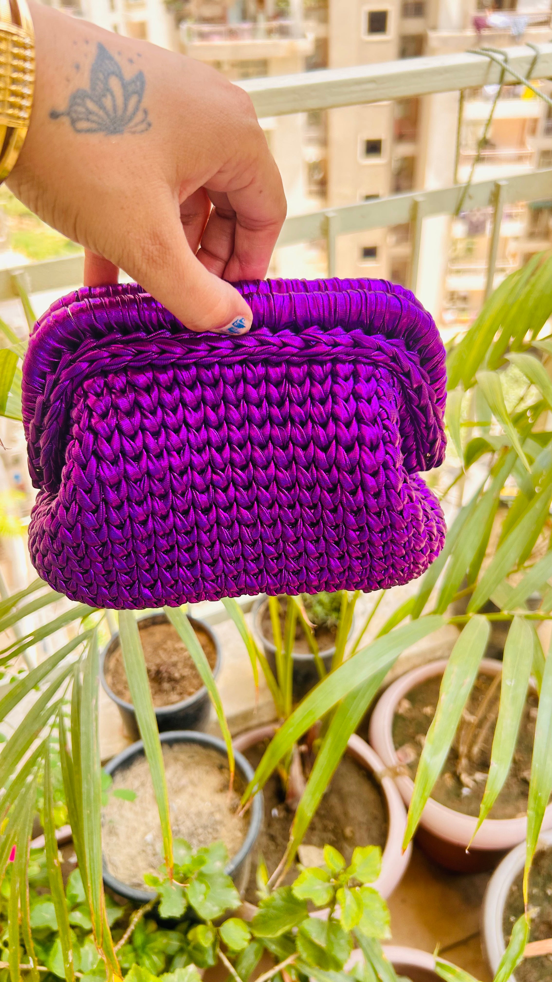 Metallic Purple Luxe Crochet Clutch