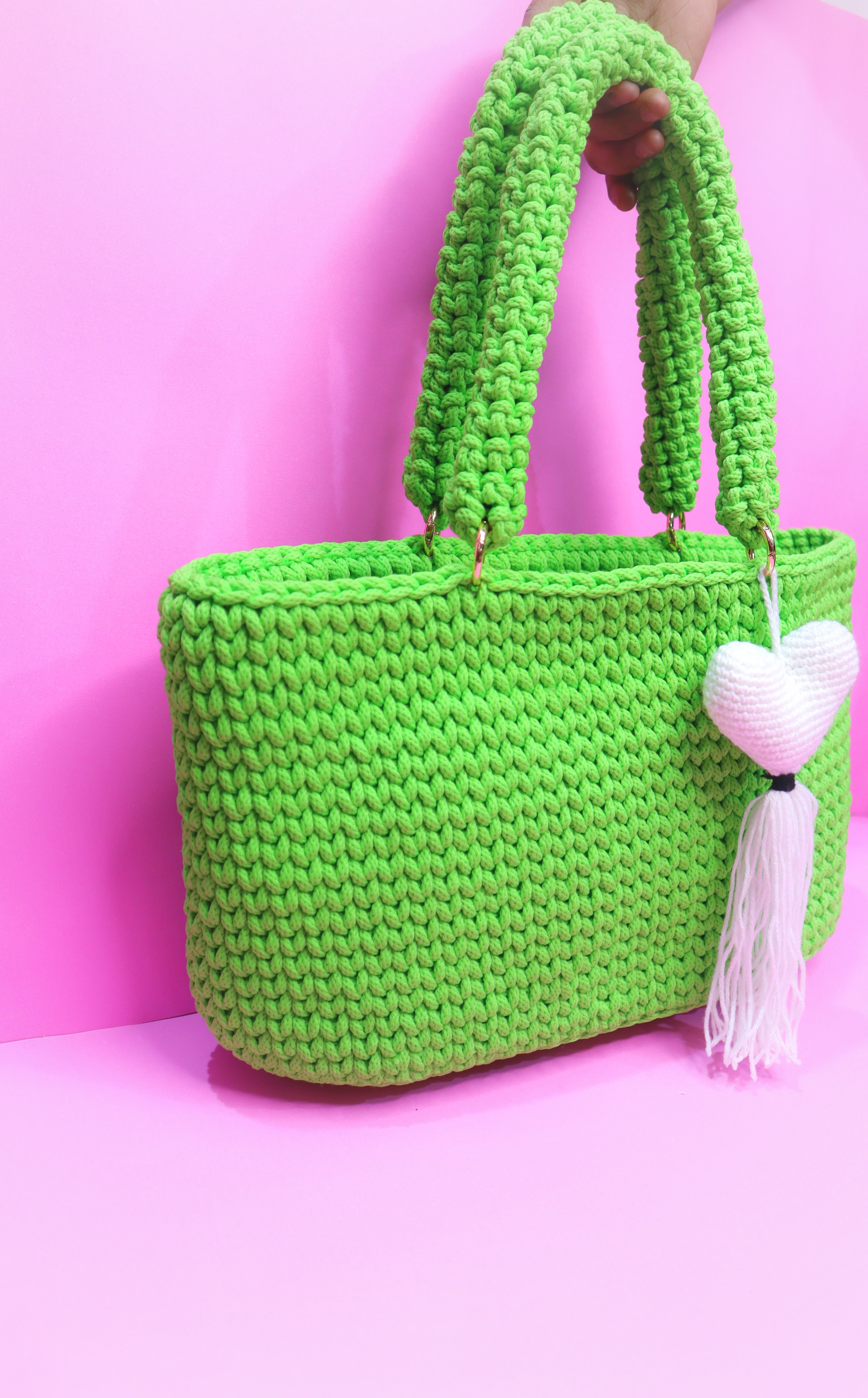 Handmade Bright Green Tote Bag with Heart Charm