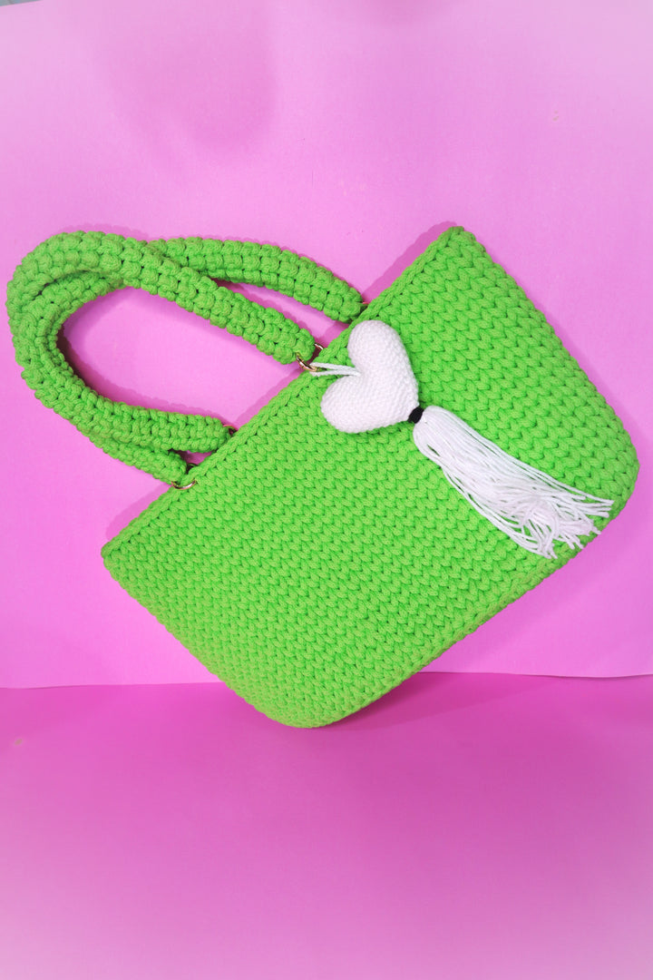 Handmade Bright Green Tote Bag with Heart Charm