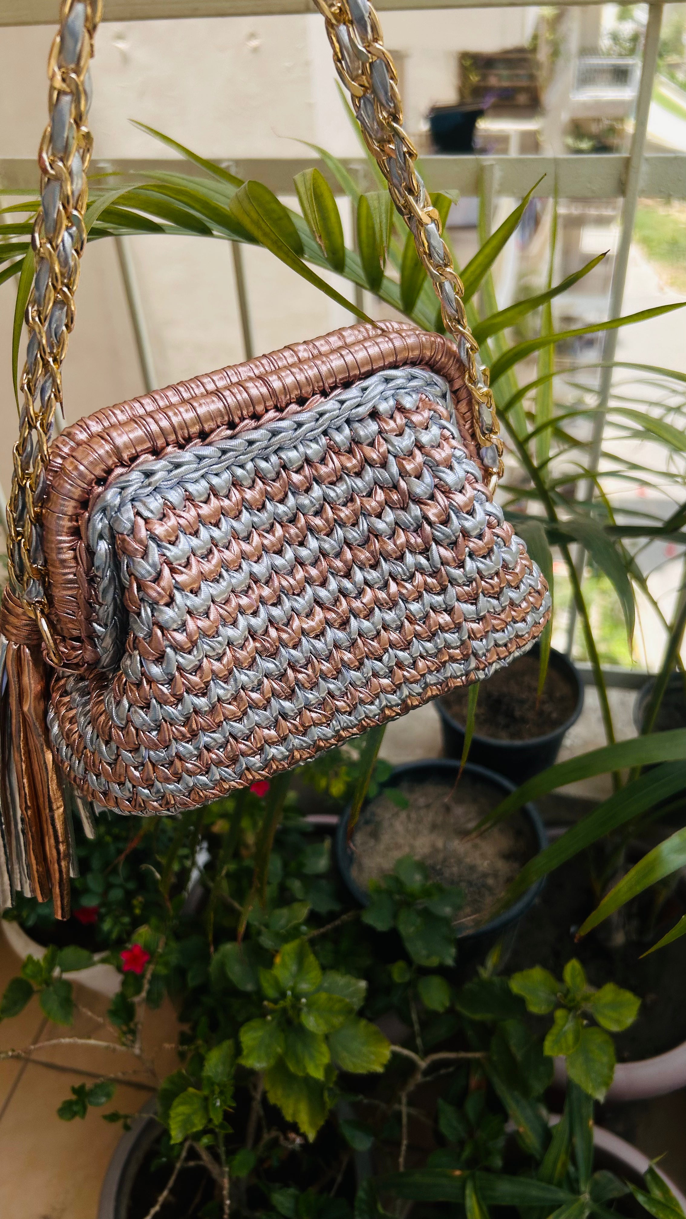 Silver and Rose Gold Two-Tone Crochet Clutch with Sling and Tassel