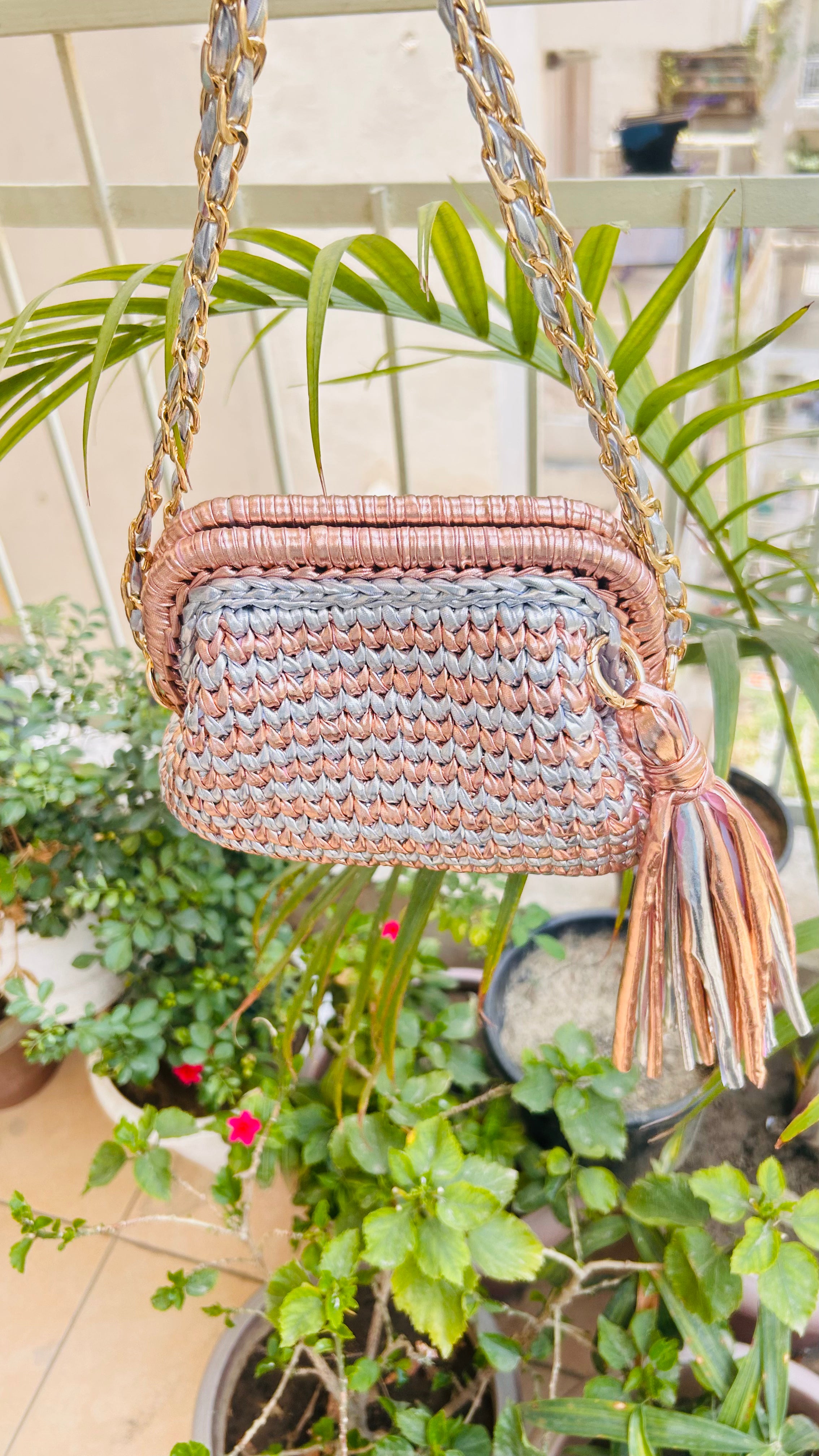 Silver and Rose Gold Two-Tone Crochet Clutch with Sling and Tassel