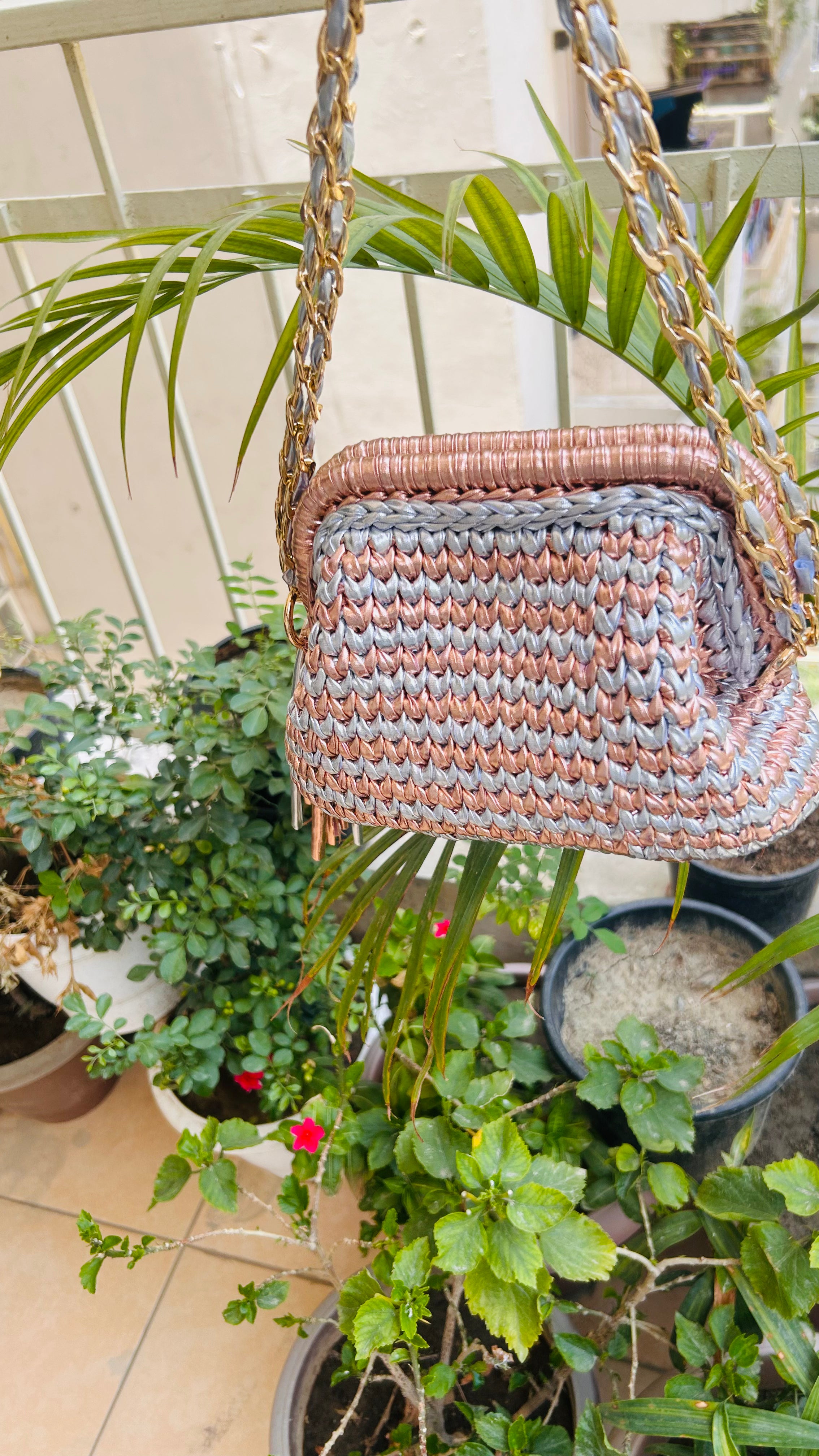 Silver and Rose Gold Two-Tone Crochet Clutch with Sling and Tassel