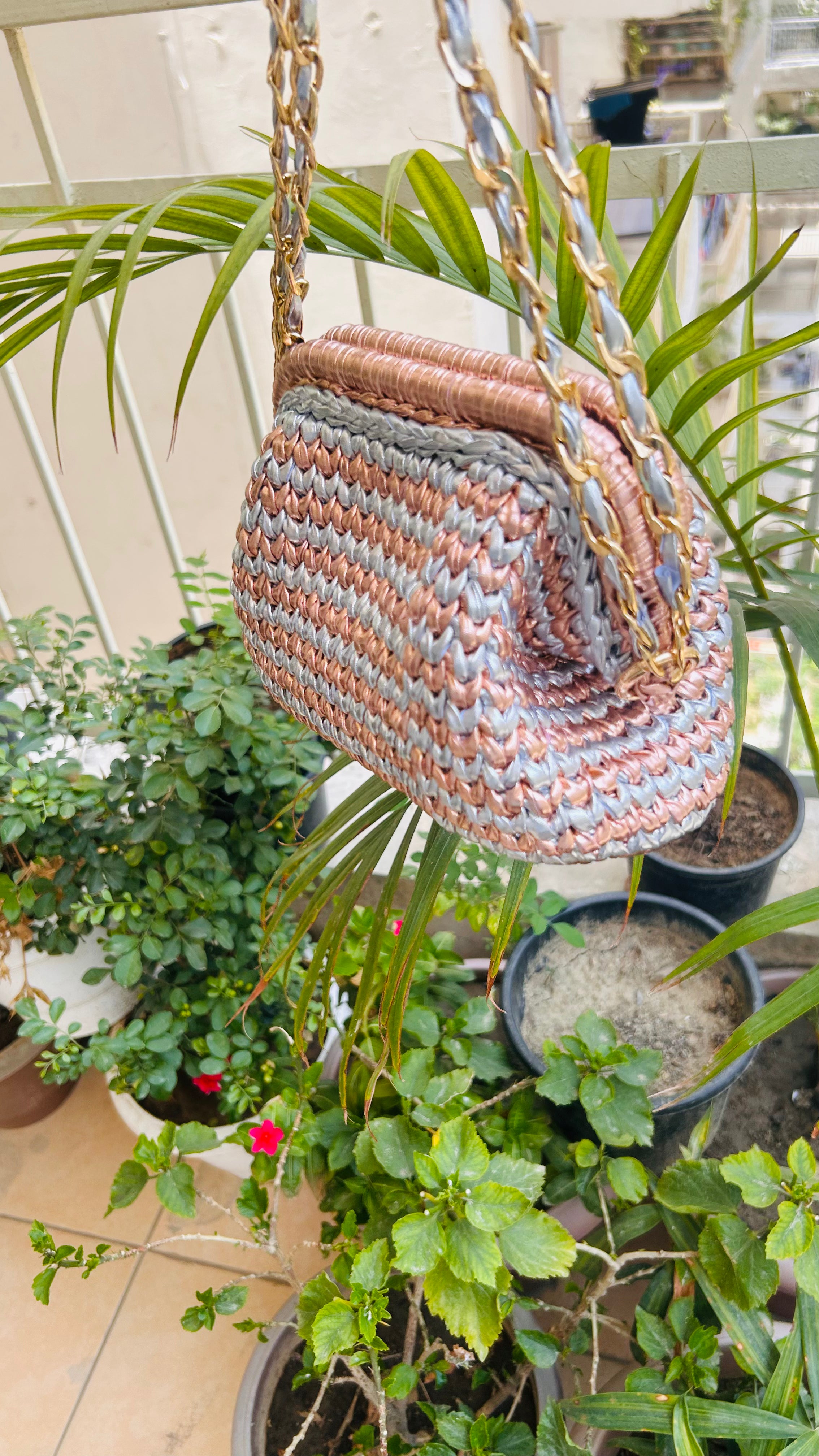 Silver and Rose Gold Two-Tone Crochet Clutch with Sling and Tassel